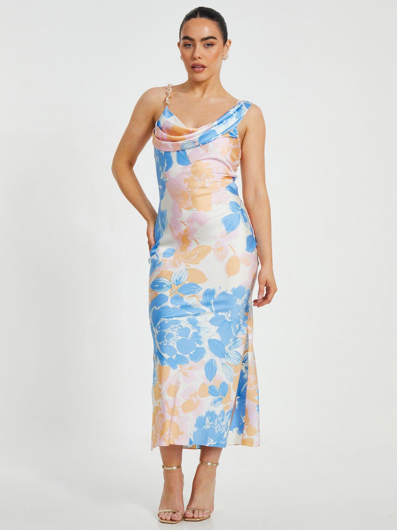 undefined Petite Blue Satin Floral Midaxi Dress