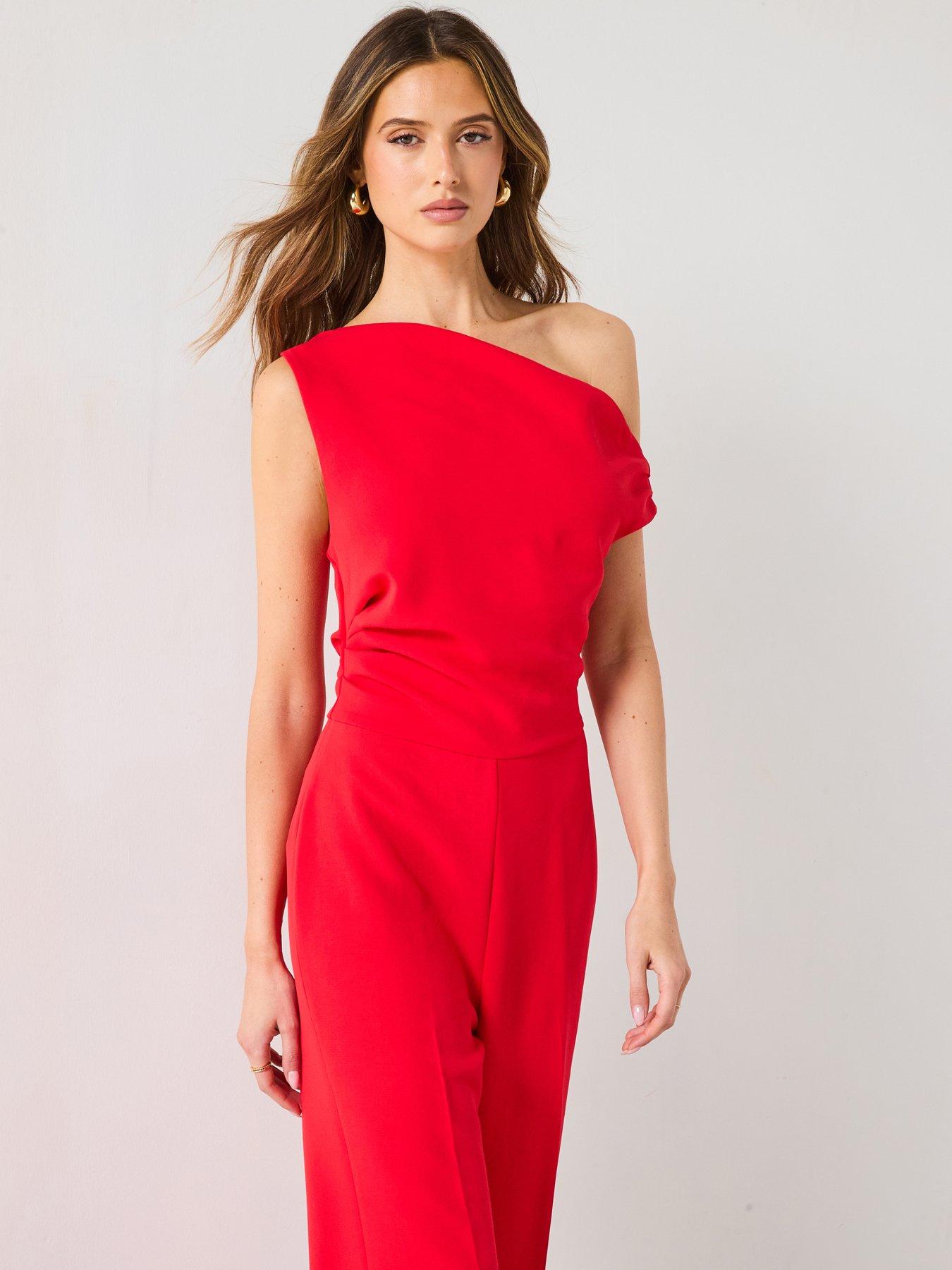 undefined Long Asymmetrical Draped Jumpsuit - Red