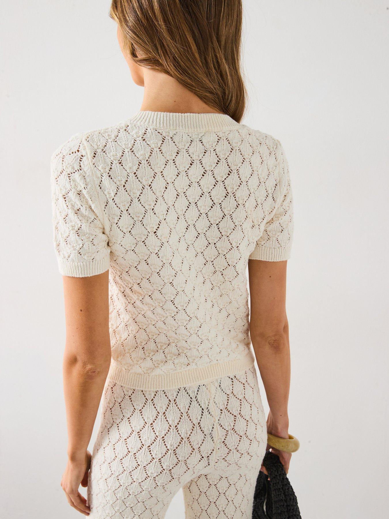 stillFront image of mango-short-sleeved-openwork-knitted-cardigan-cream