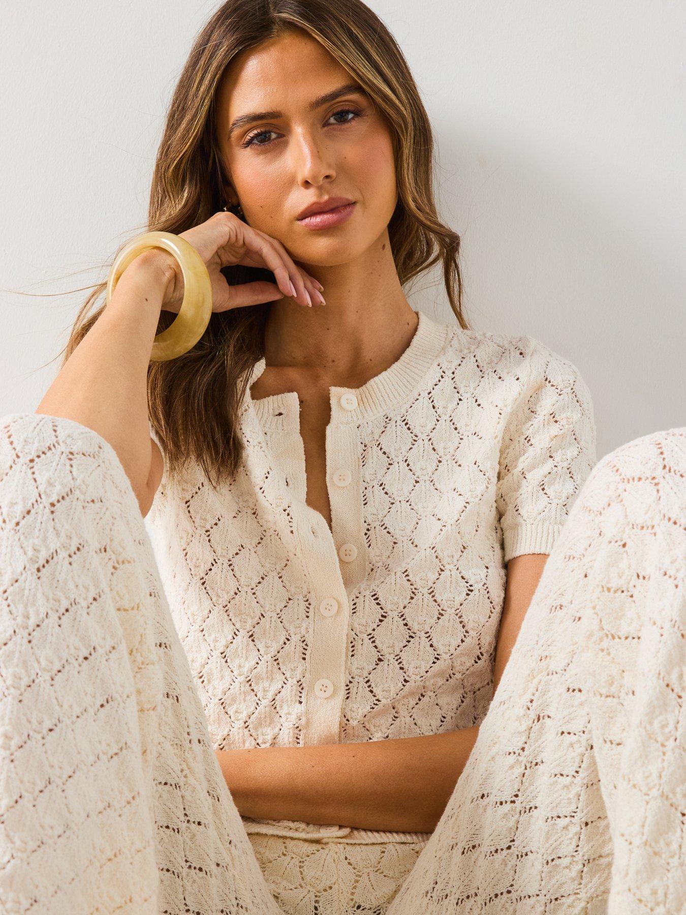  image of mango-short-sleeved-openwork-knitted-cardigan-cream