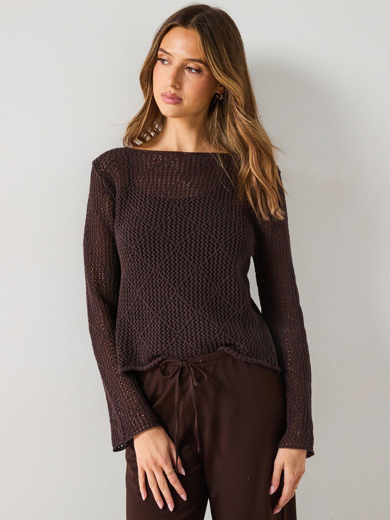  image of mango-openwork-knitted-cotton-sweater-brown