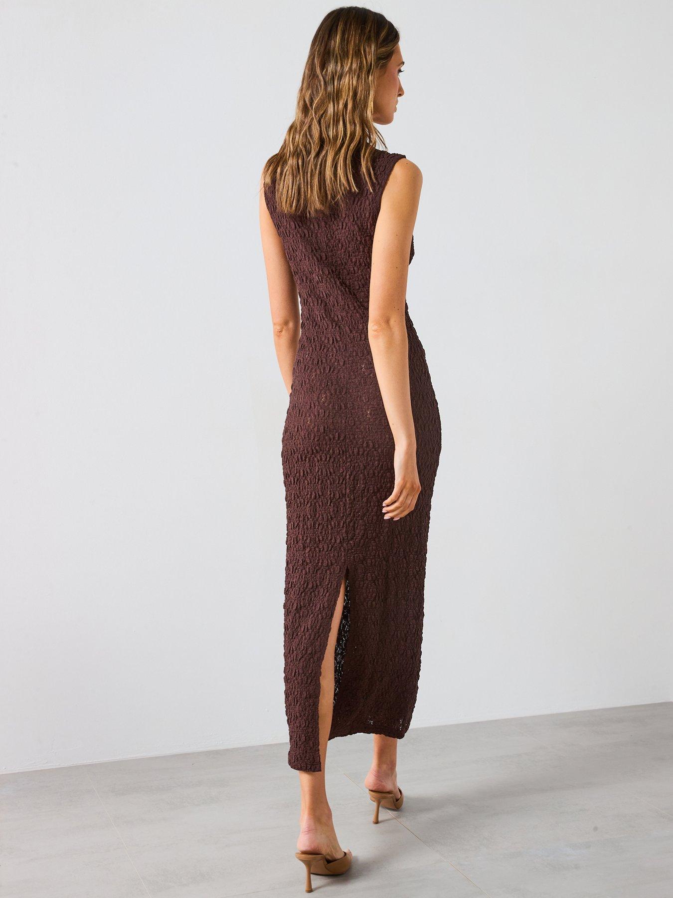  image of mango-perkins-collar-textured-dress-brown