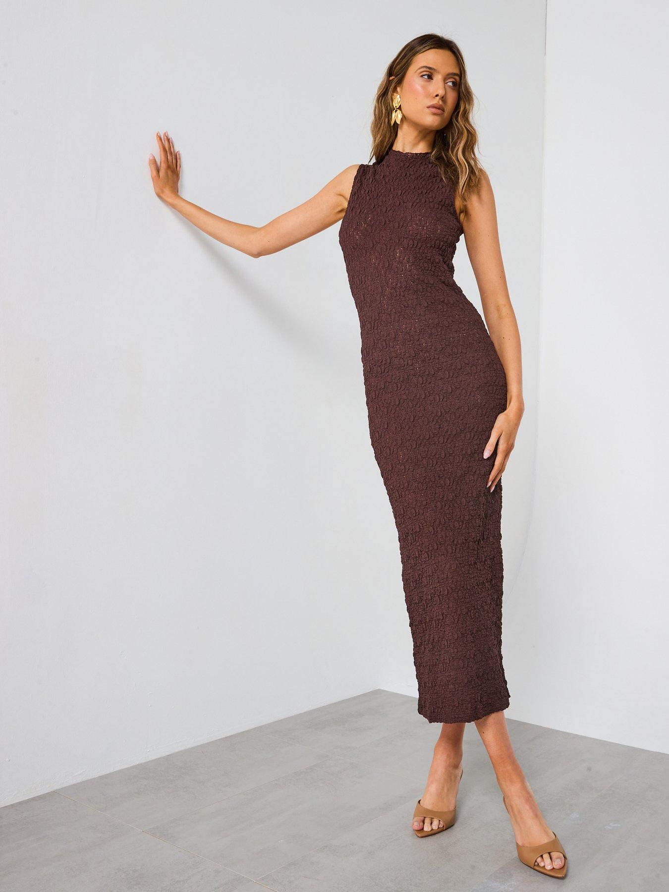  image of mango-perkins-collar-textured-dress-brown