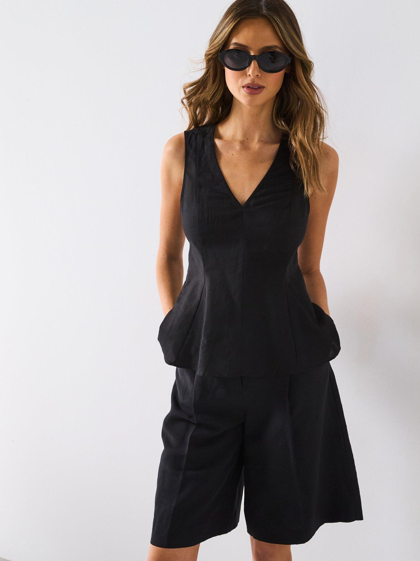 Mango Linen Blend Peplum Top - Black