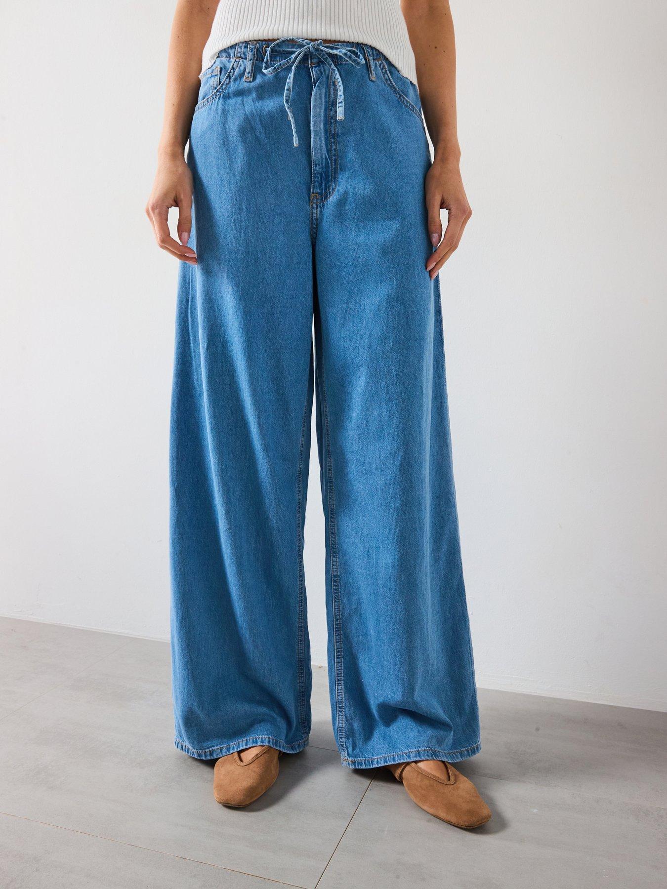 front image of mango-wide-leg-denim-trousers-with-belt-blue
