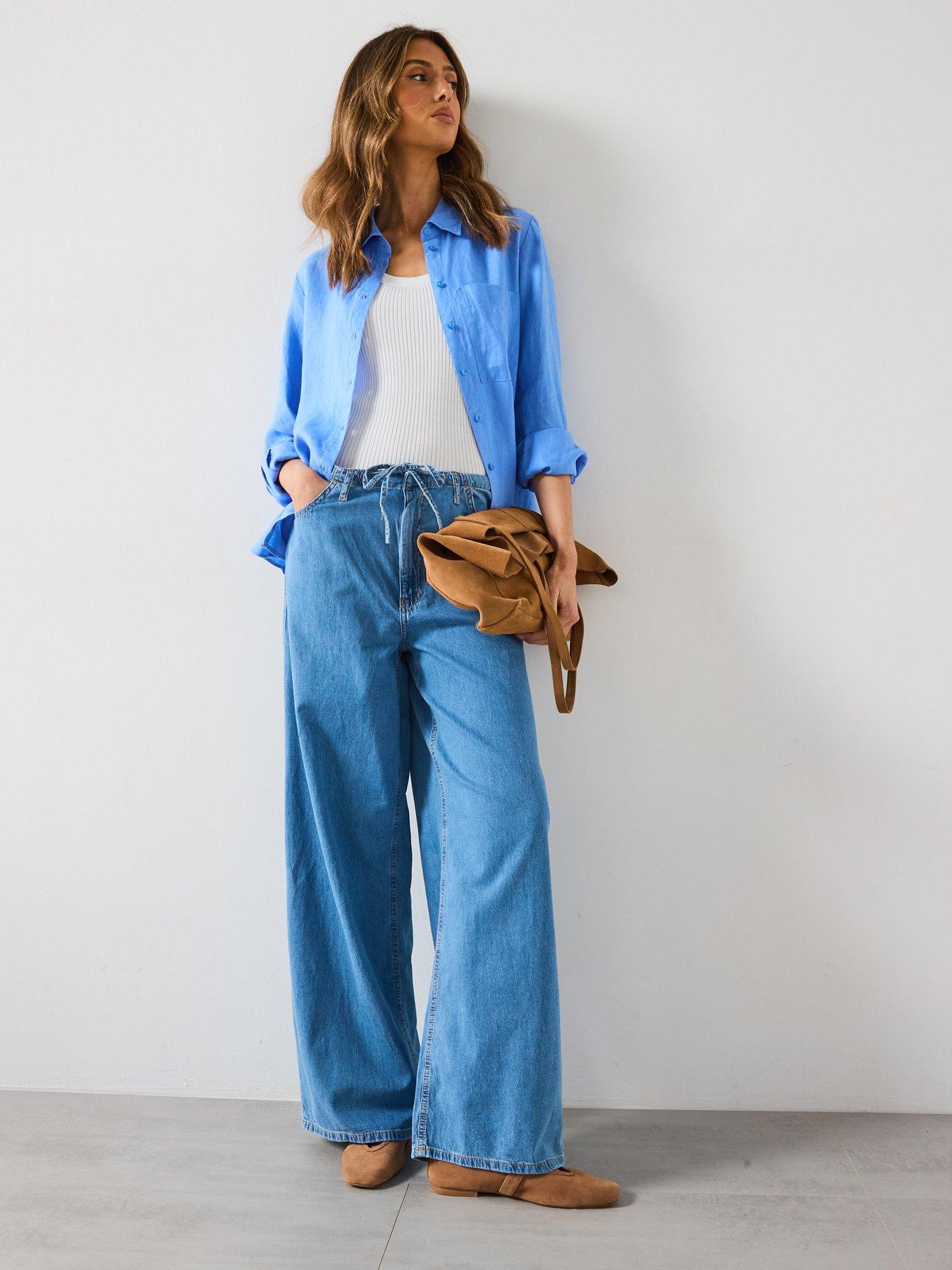  image of mango-wide-leg-denim-trousers-with-belt-blue