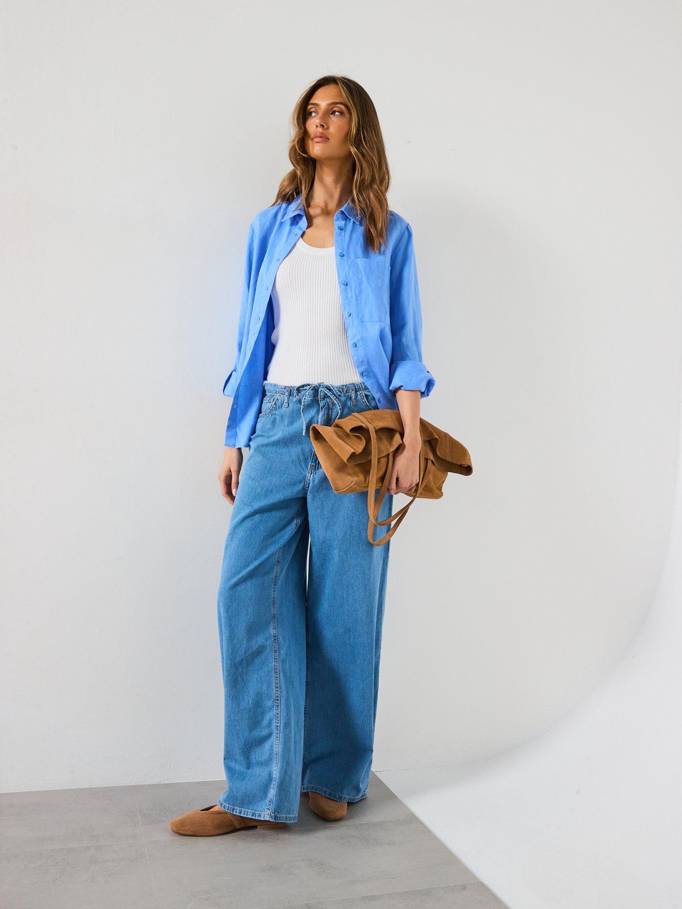  image of mango-wide-leg-denim-trousers-with-belt-blue