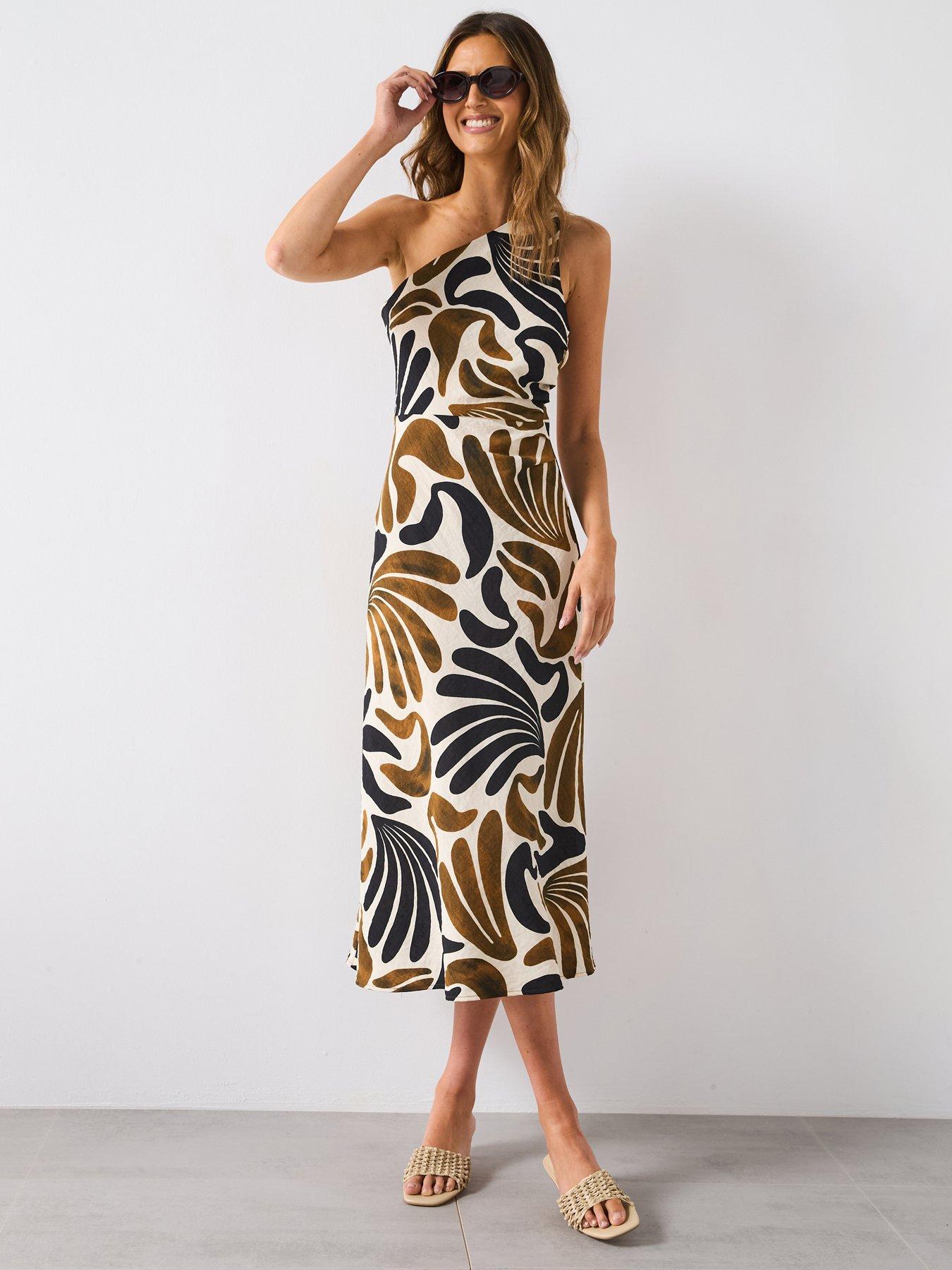 Mango Abstract Leaf Print One Shoulder Asymmetrical Dress - Brown |  Littlewoods