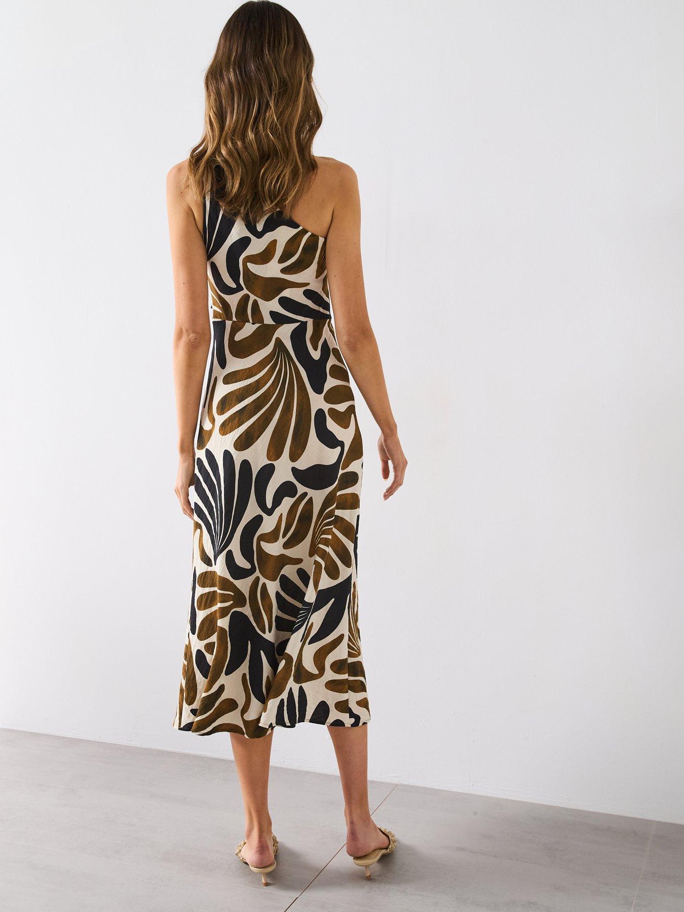 Mango Abstract Leaf Print One Shoulder Asymmetrical Dress - Brown |  Littlewoods