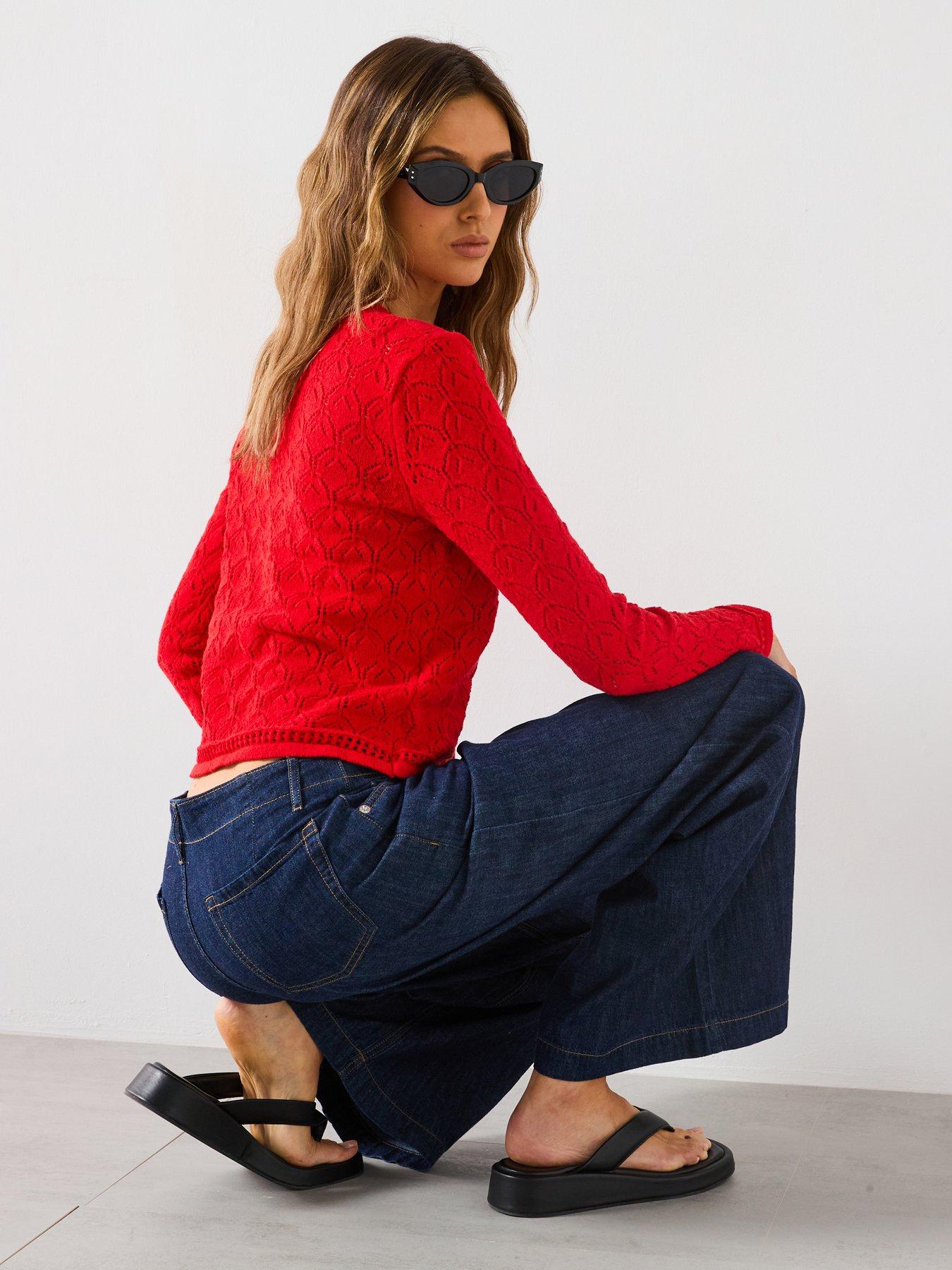  image of mango-pattern-knit-detailed-cardigan-red