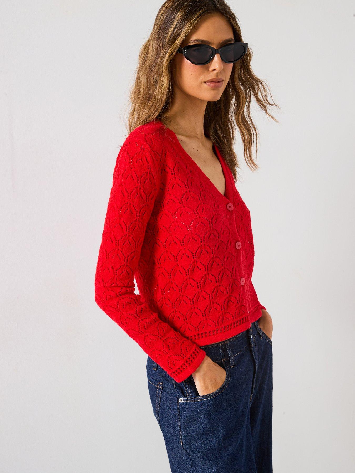  image of mango-pattern-knit-detailed-cardigan-red