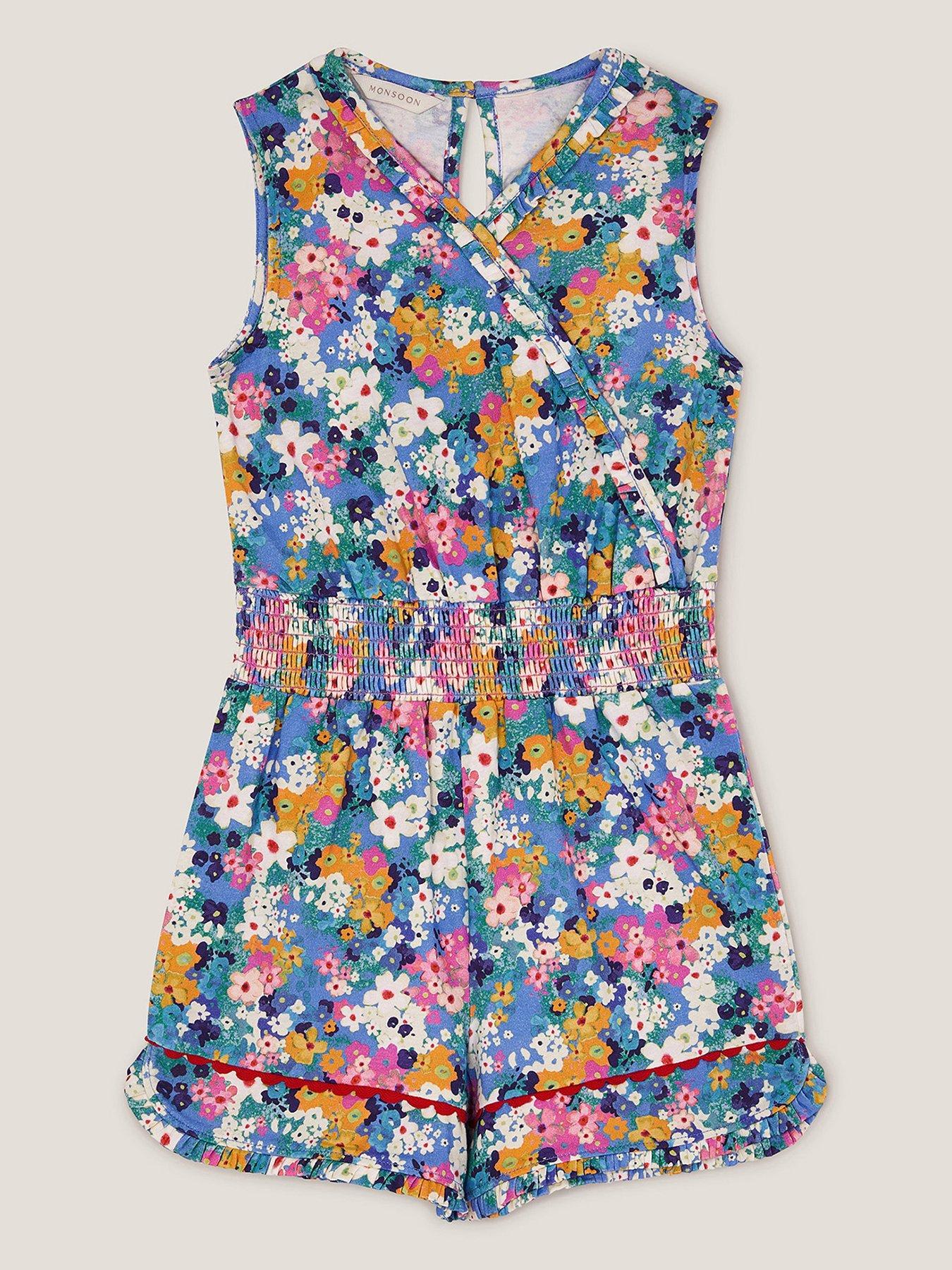 undefined Girls Floral Print Sleeveless Playsuit - Blue