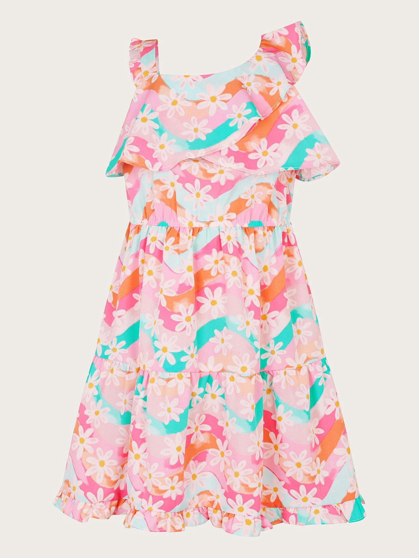 undefined Girls Asymmetrical Frilly Floral Dress - Pink