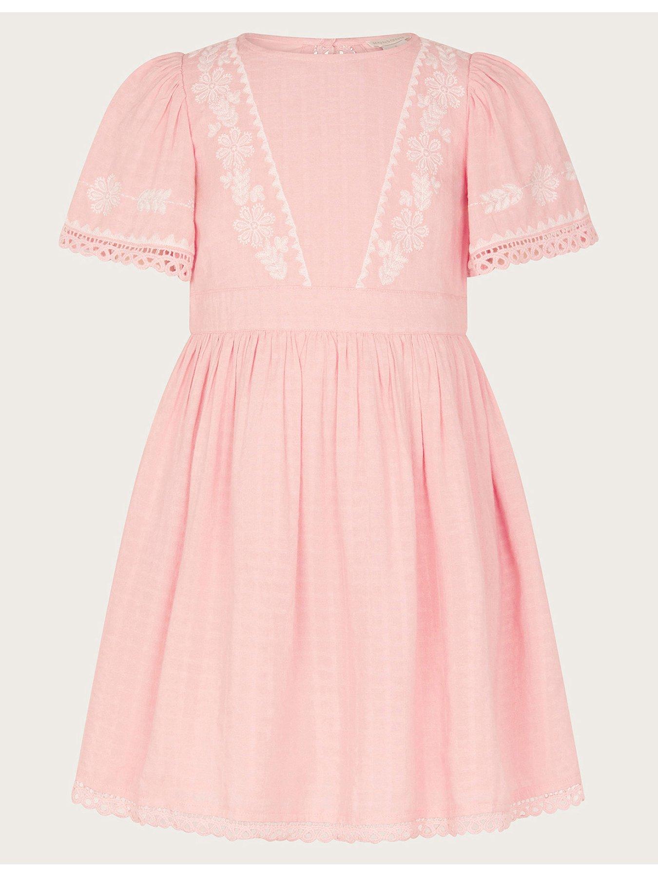  image of monsoon-girls-floral-embroidered-short-sleeve-dress-pink