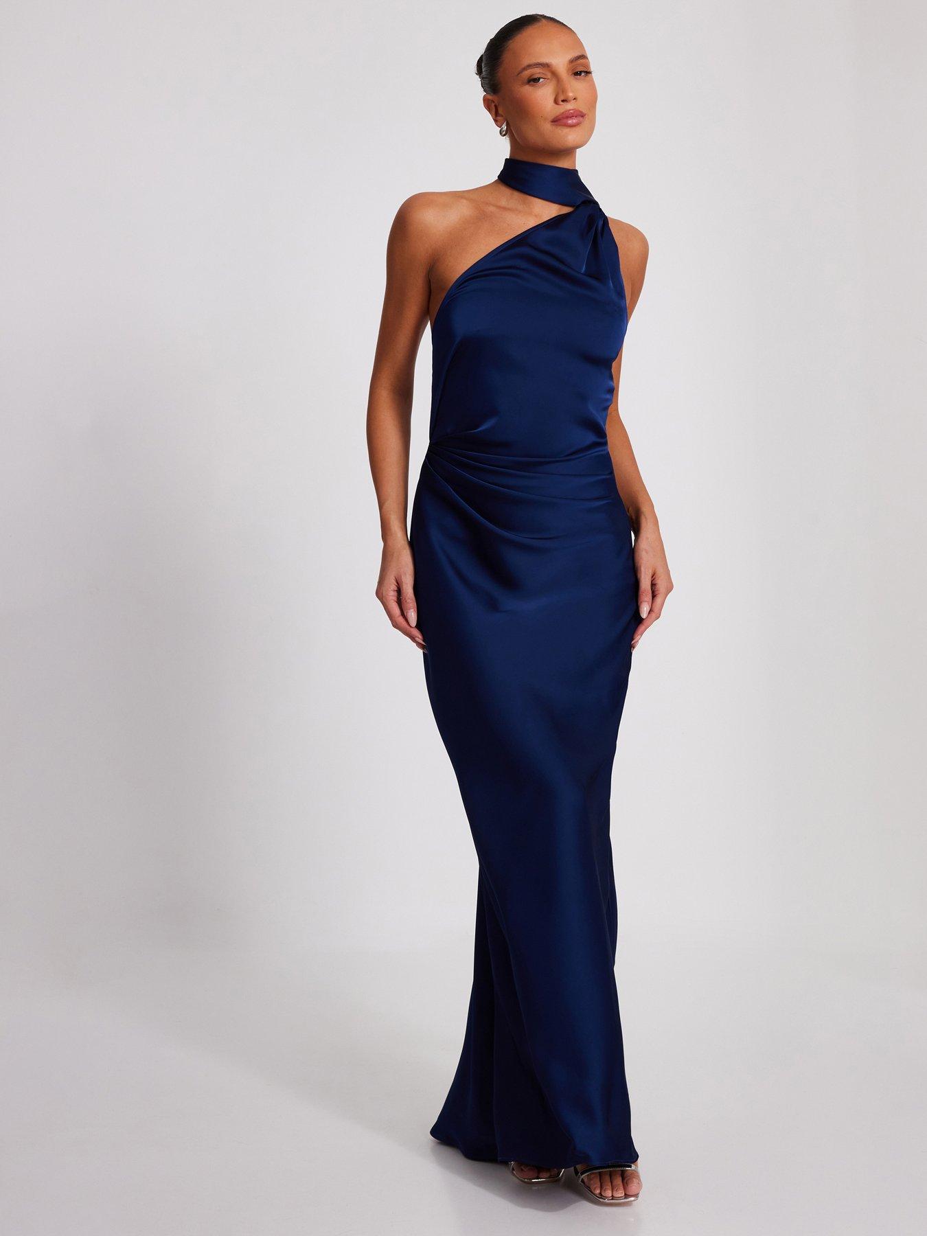 undefined Navy Satin Wrap Neck Maxi Dress