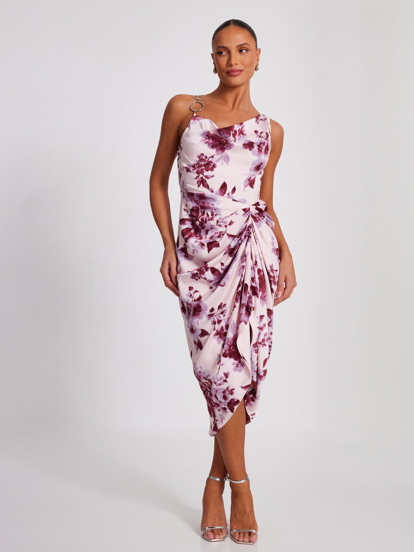 undefined Baby Pink Satin Floral Midi Dress