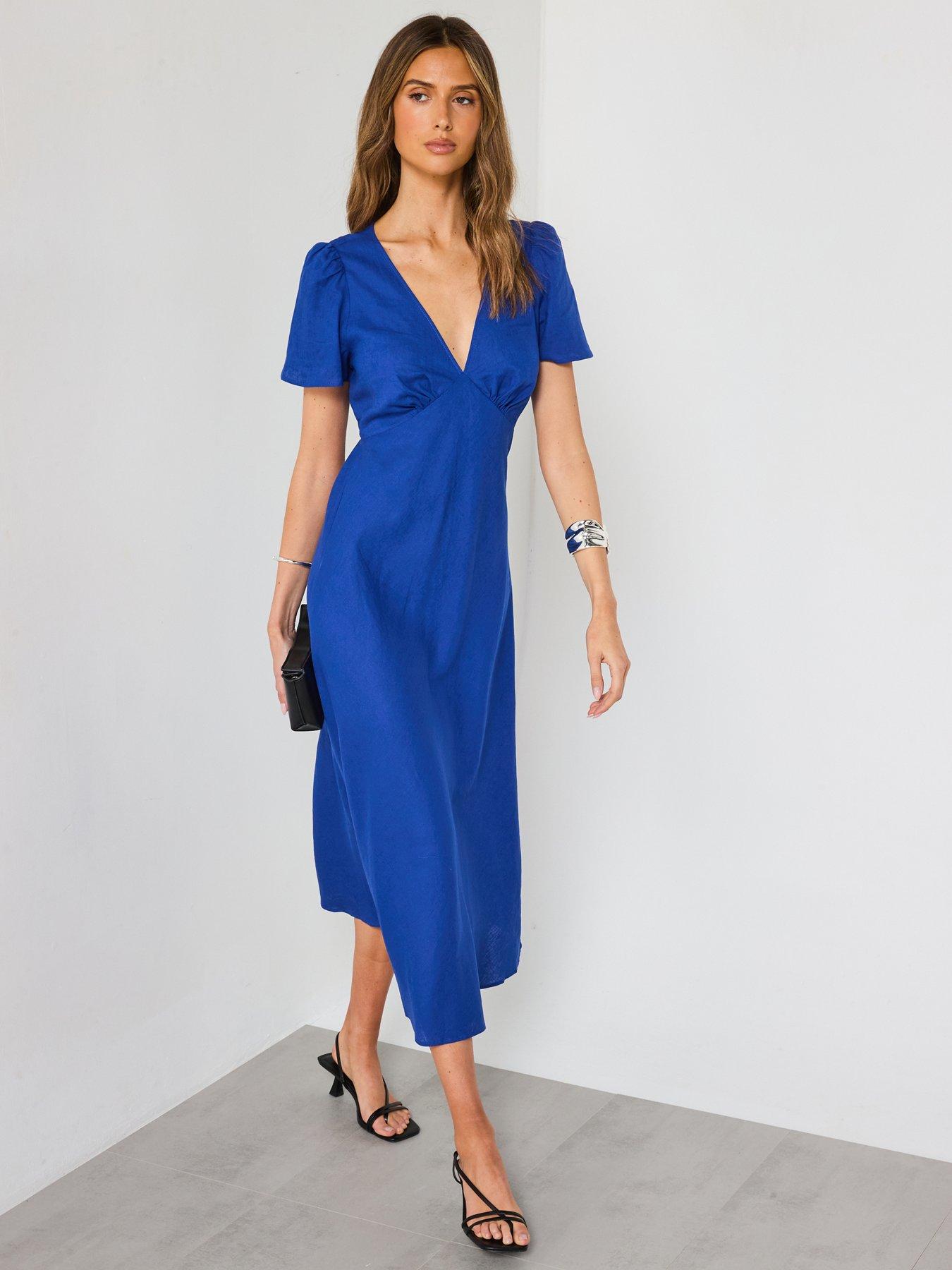 mango linen dress MANGO - Ruched linen Dress Sky Blue