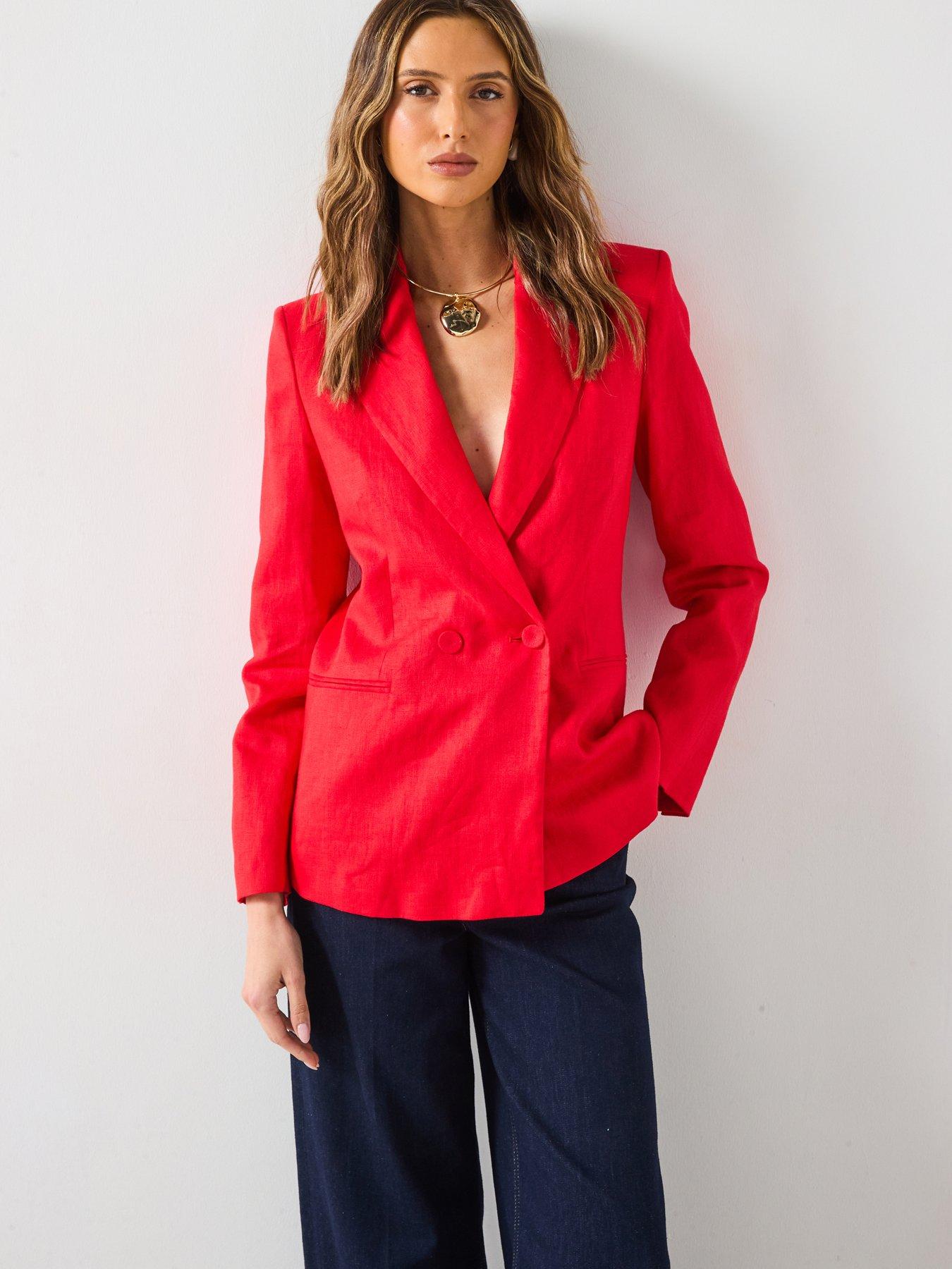 Image 1 of 6 of Mango Double-Breasted Linen Suit Jacket - Red