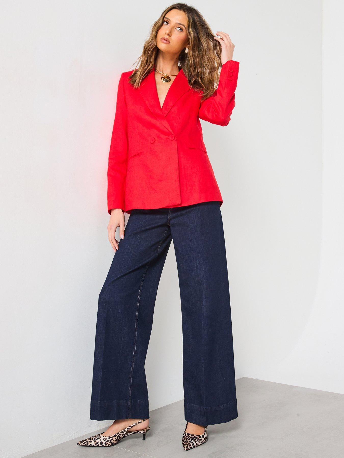 Image 3 of 6 of Mango Double-Breasted Linen Suit Jacket - Red