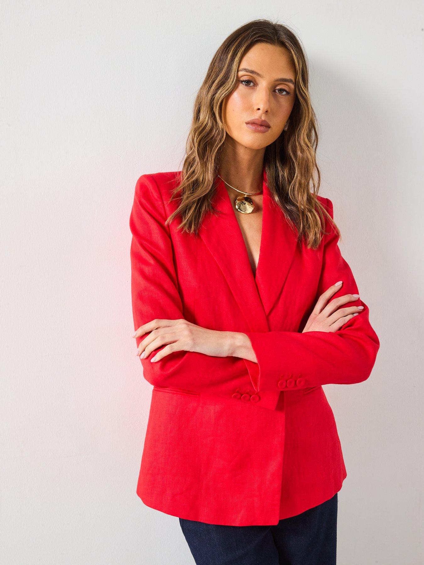Image 4 of 6 of Mango Double-Breasted Linen Suit Jacket - Red