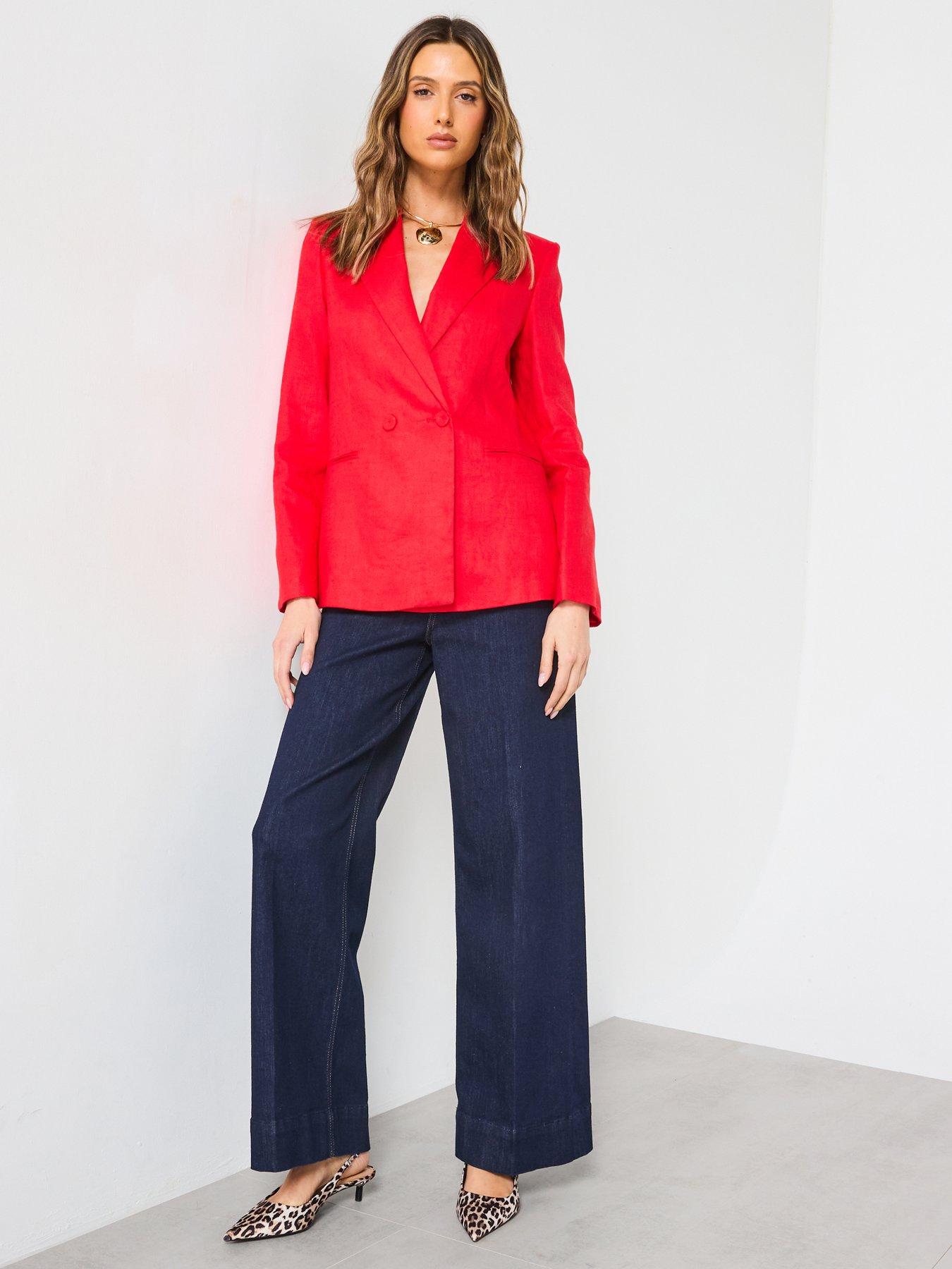Image 5 of 6 of Mango Double-Breasted Linen Suit Jacket - Red