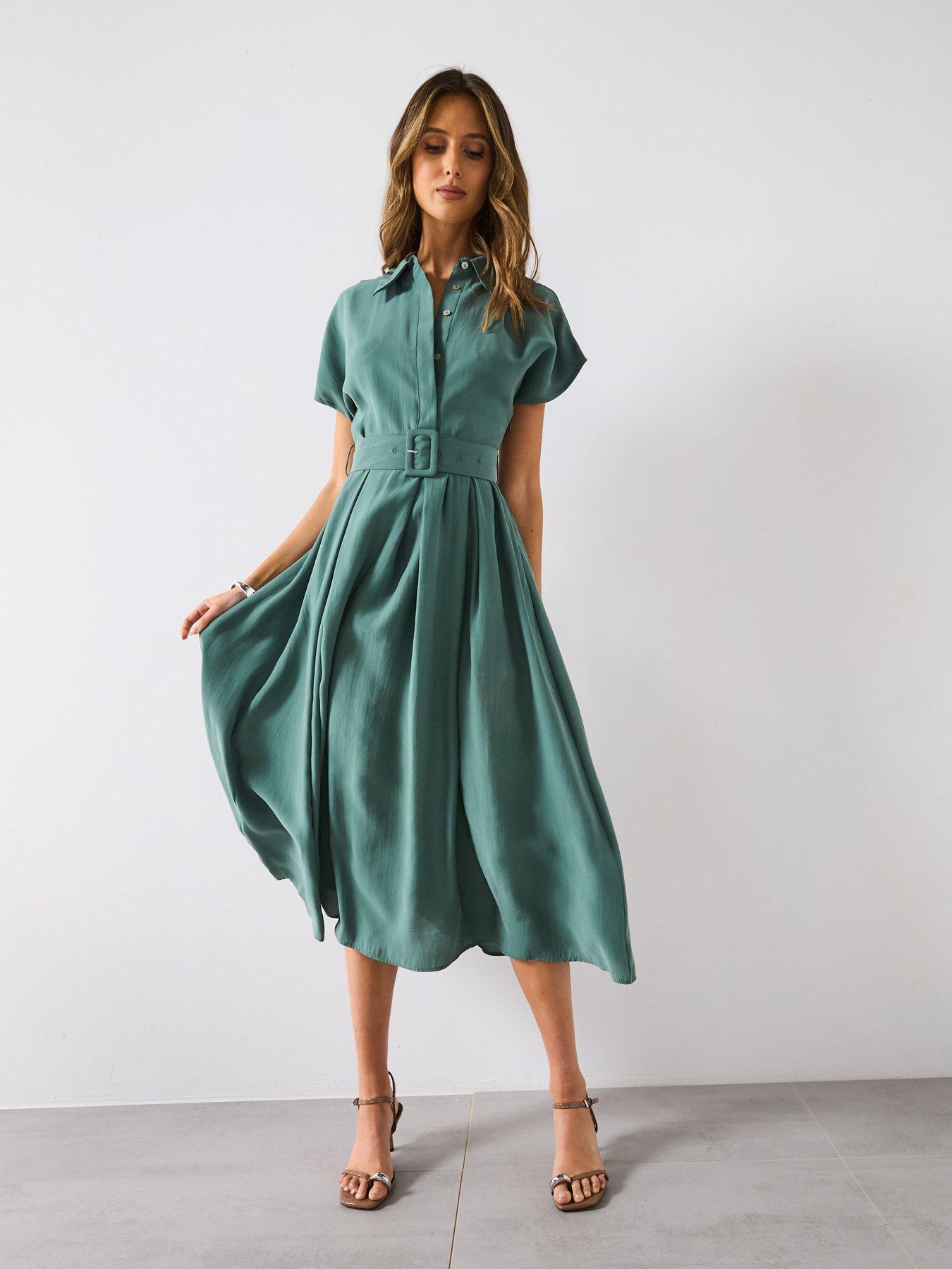 undefined Flared Midi-Dress With Belt - Green