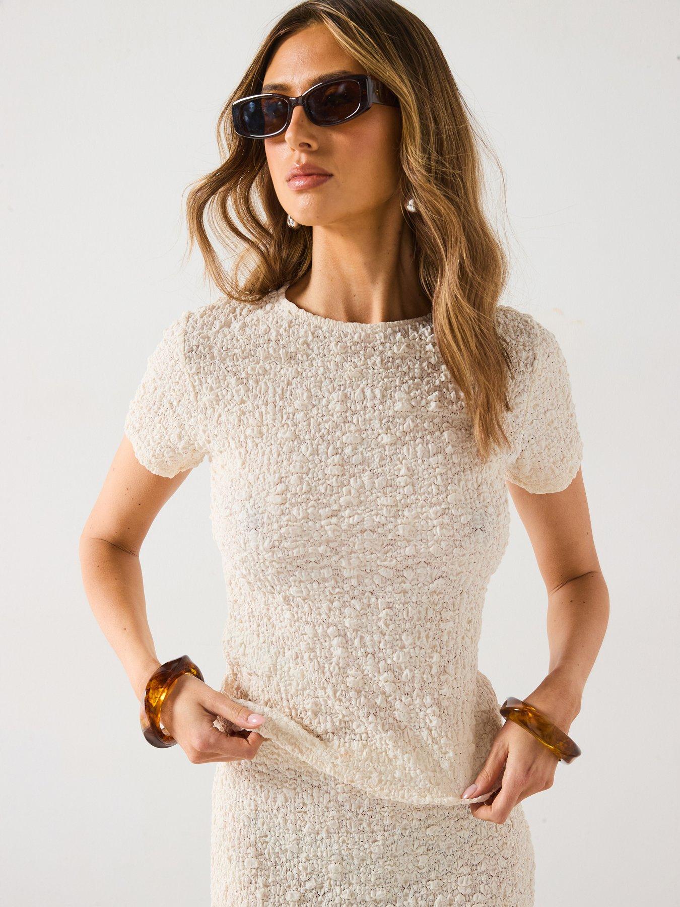 undefined Textured Cotton-Blend T-Shirt - Cream