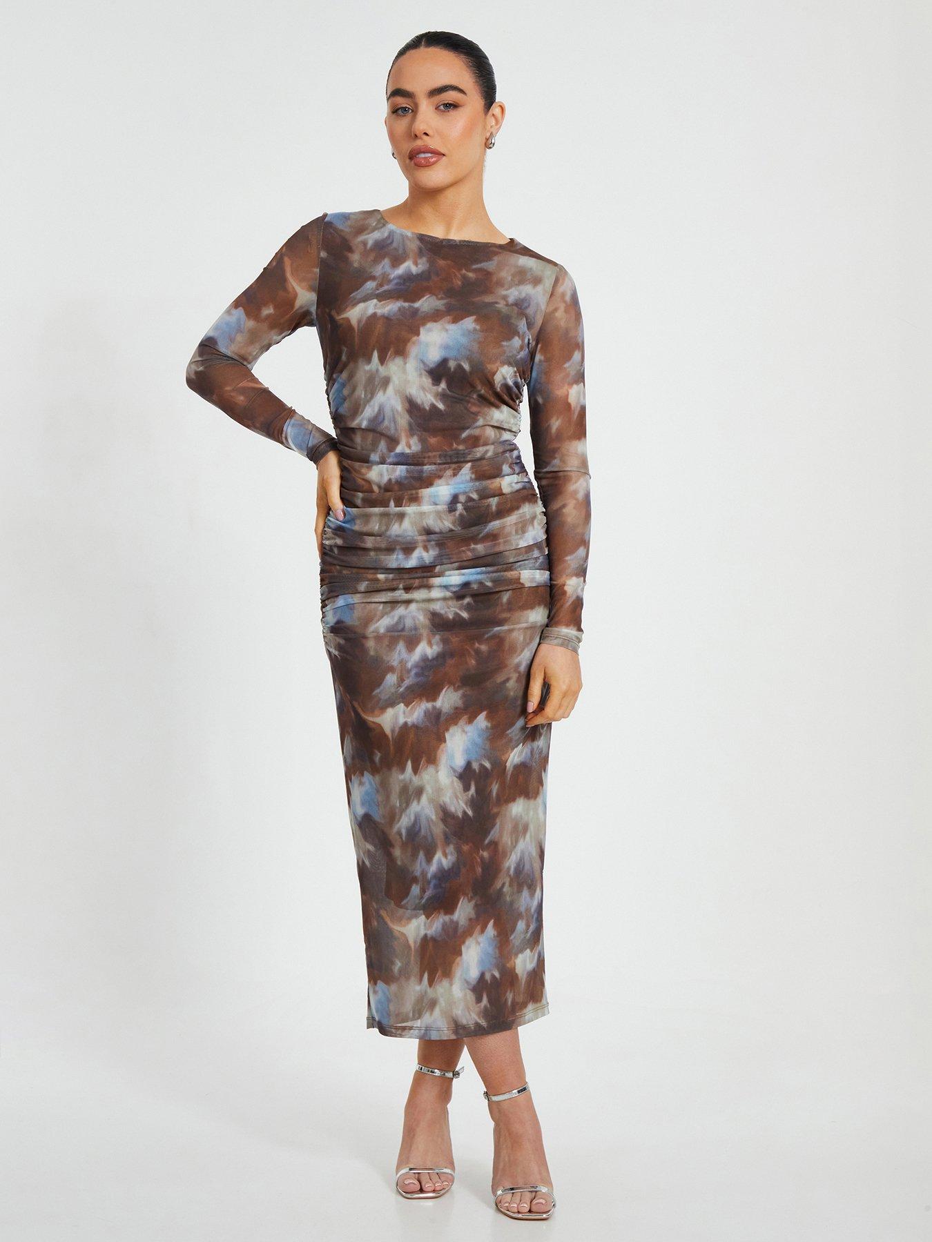 undefined Petite Brown Mesh Midaxi Dress