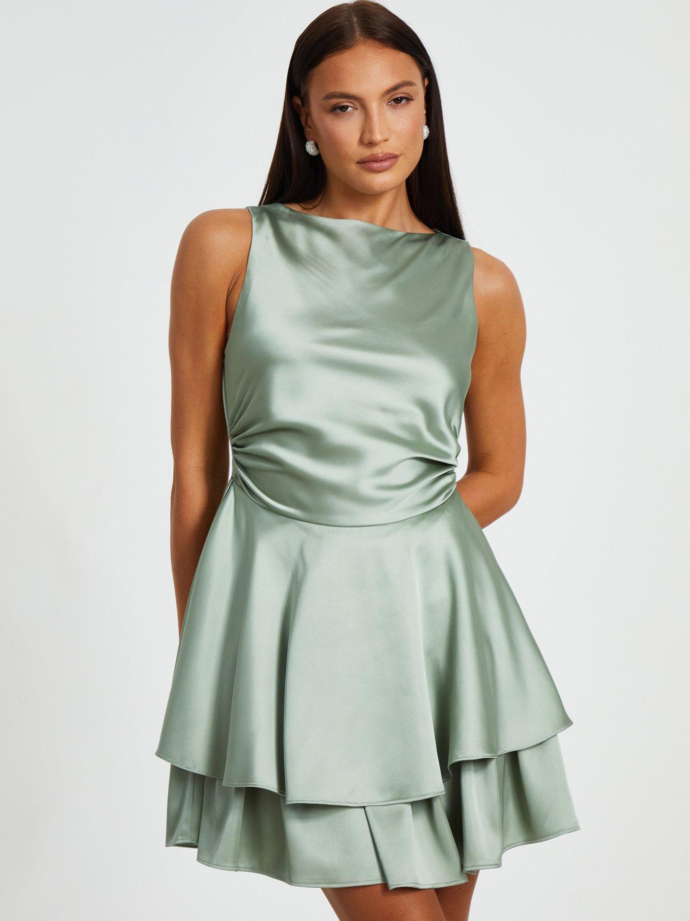 Quiz Sage Satin Frill Skater Dress | Littlewoods