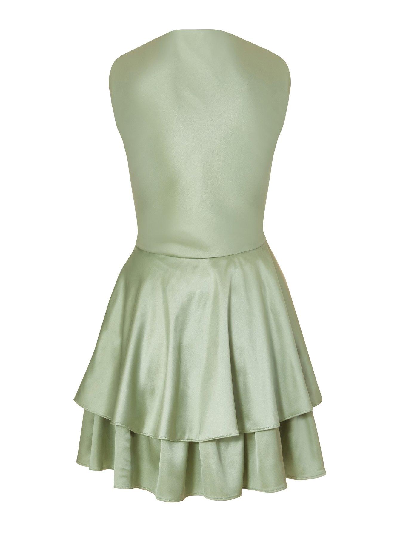 green emerald velvet dress Lorena Satin Strapless Skater Dress in Sage | Size: M | Satin Fabric
