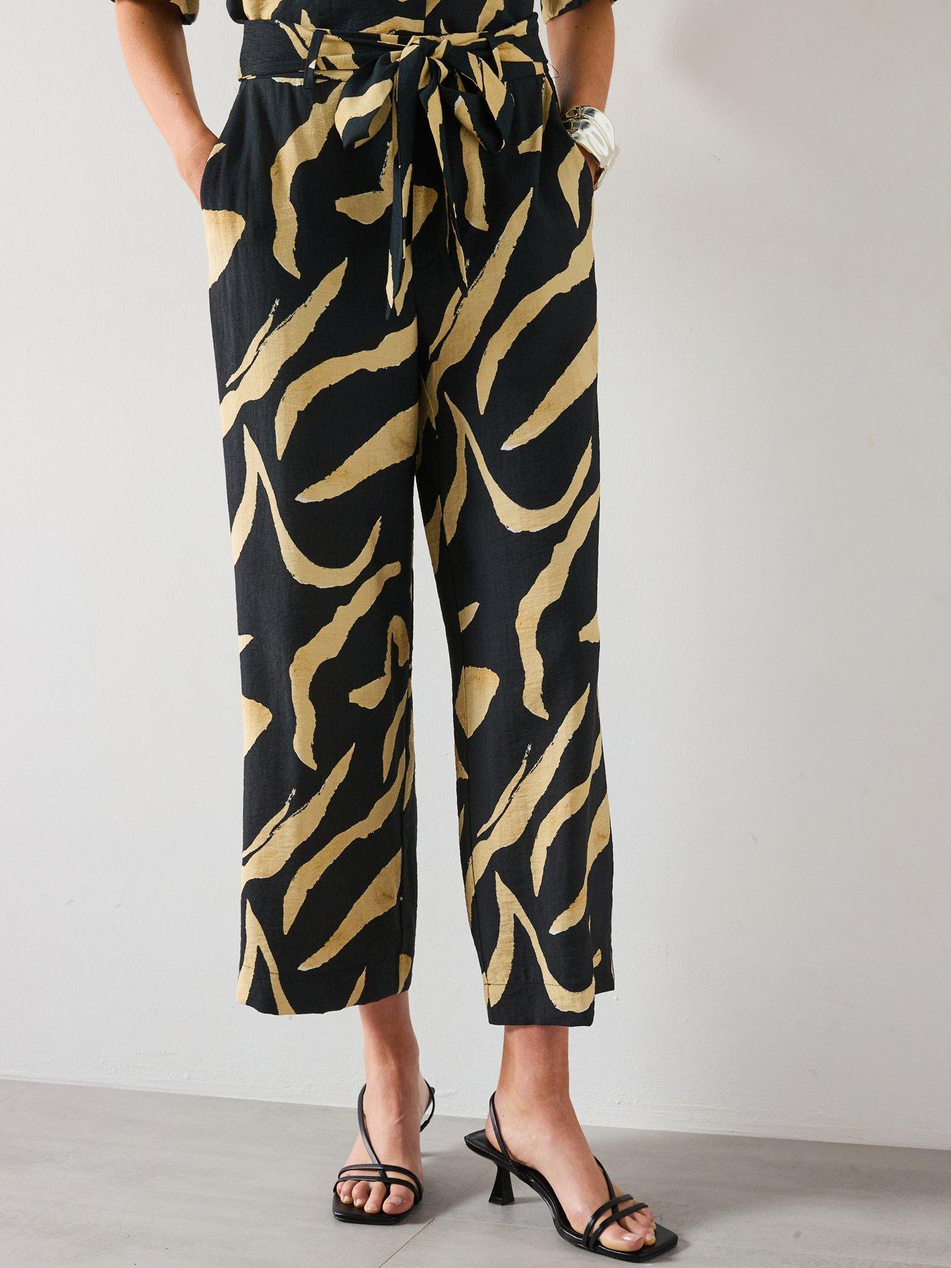 mango-printed-straight-fit-trousers-with-belt-black