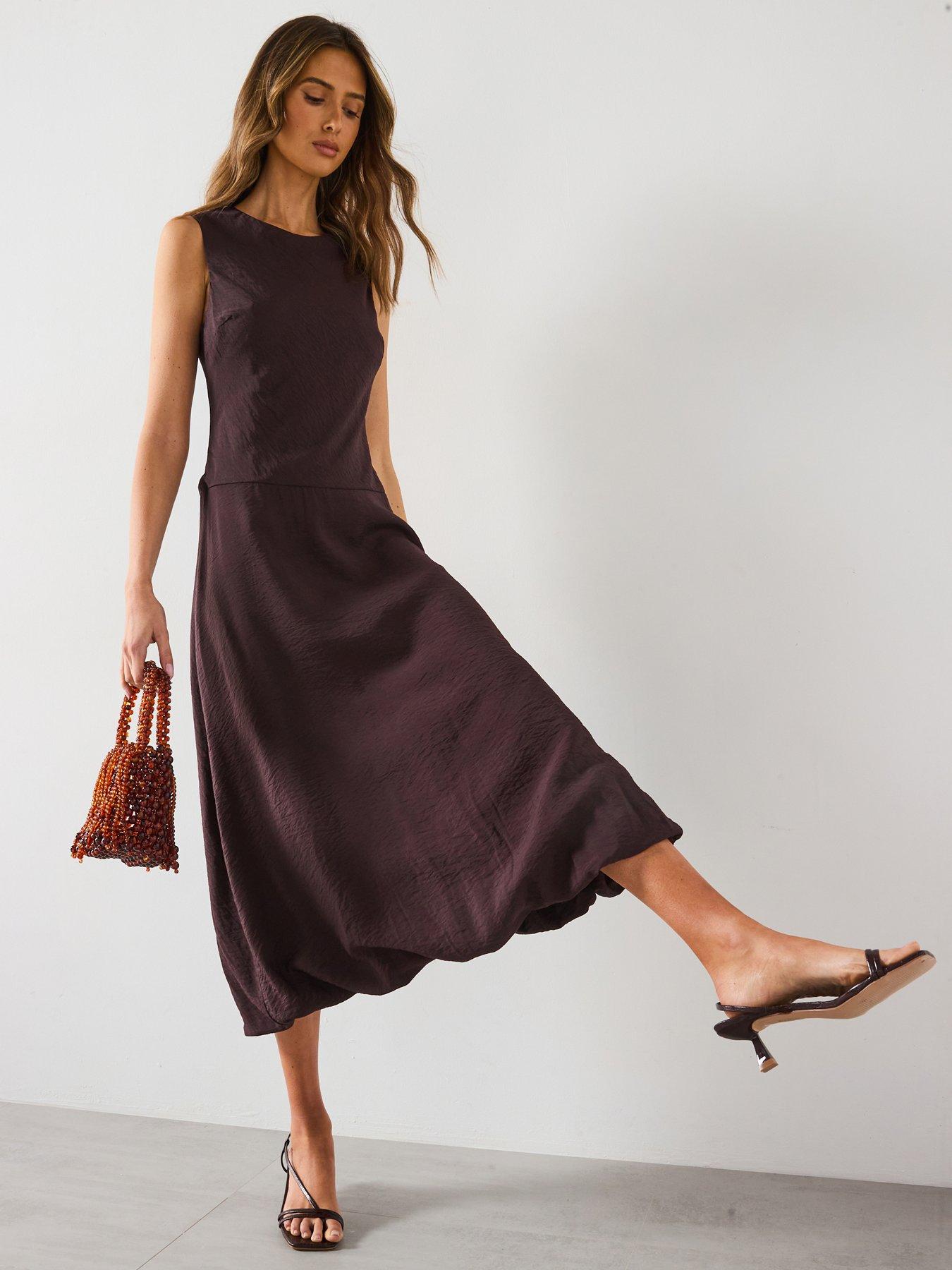 mango-puffed-hem-midi-dress-brown