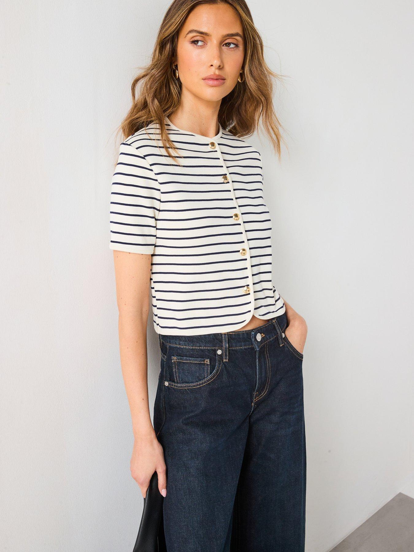 Mango Short Sleeve Striped Cardigan - Navy