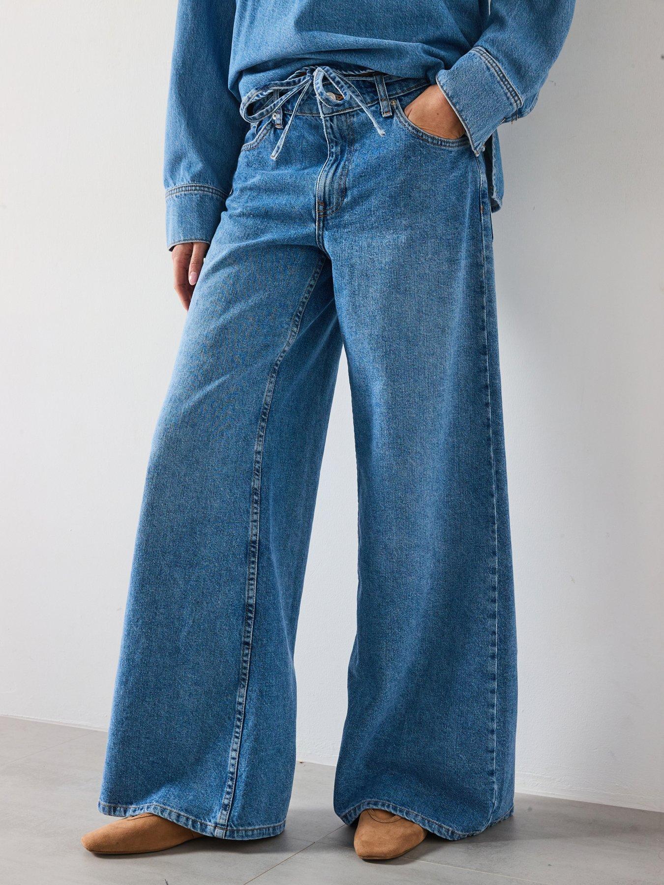 Mango Low-Rise Wideleg Jeans With Belt - Blue