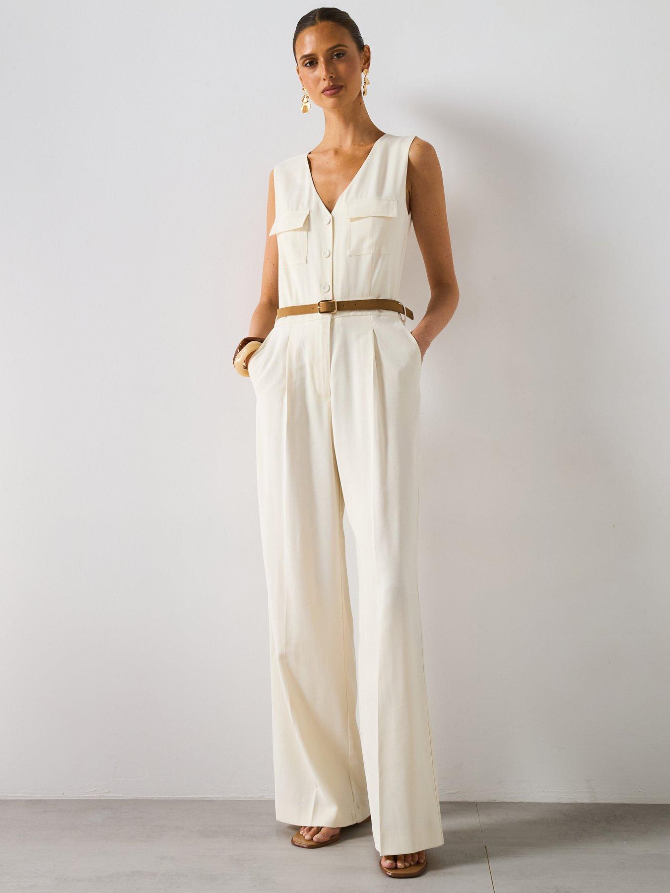 undefined Belt Long Jumpsuit - Cream