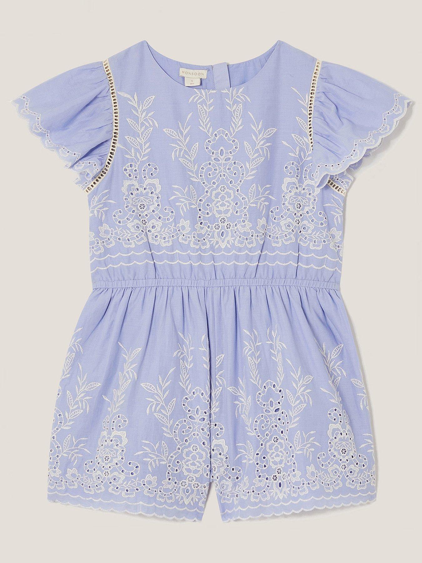  image of monsoon-girls-floral-broderie-short-sleeve-playsuit-blue