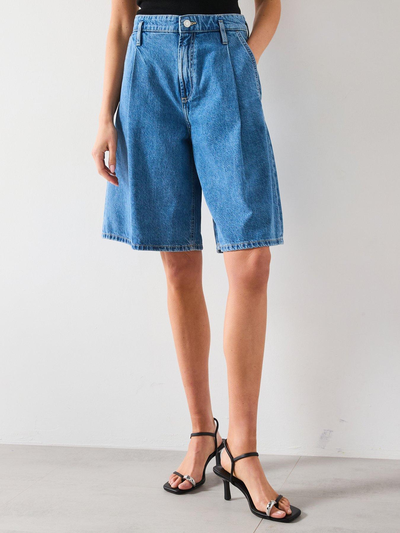 front image of mango-bermuda-wide-leg-darts-shorts-blue
