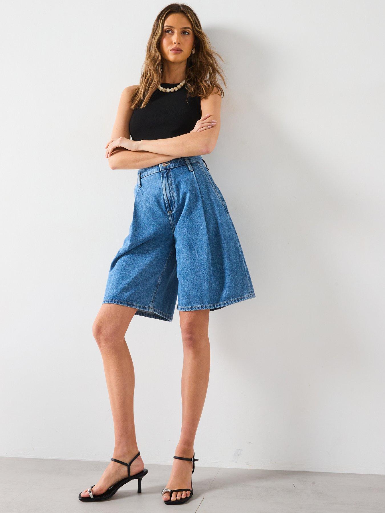  image of mango-bermuda-wide-leg-darts-shorts-blue