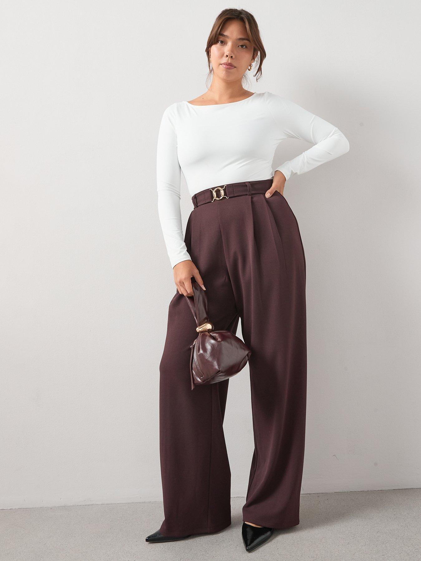 Image 3 of 6 of V by Very Curve Buckle Detail Stretch Wide Leg Trouser - Brown