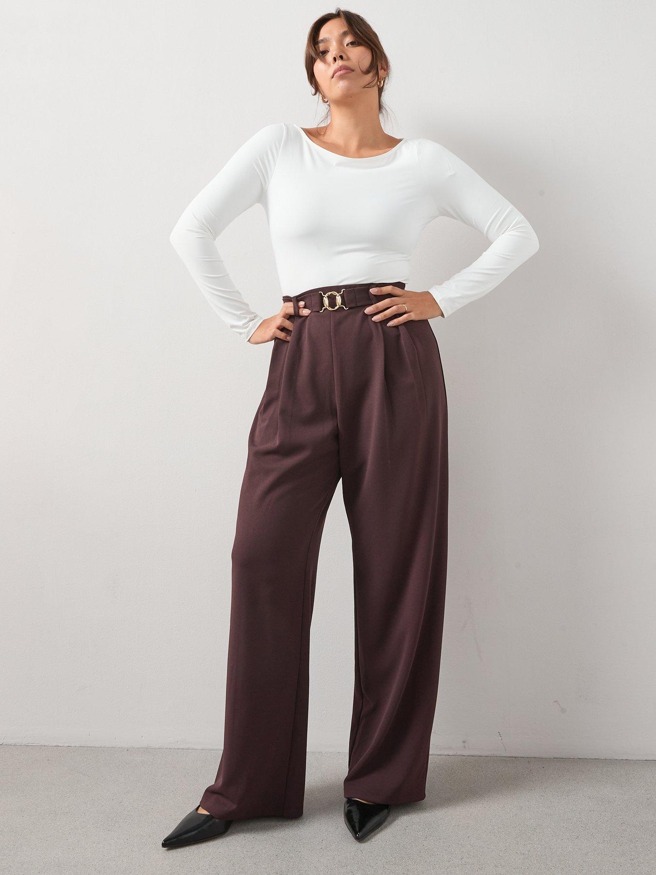 Image 5 of 6 of V by Very Curve Buckle Detail Stretch Wide Leg Trouser - Brown