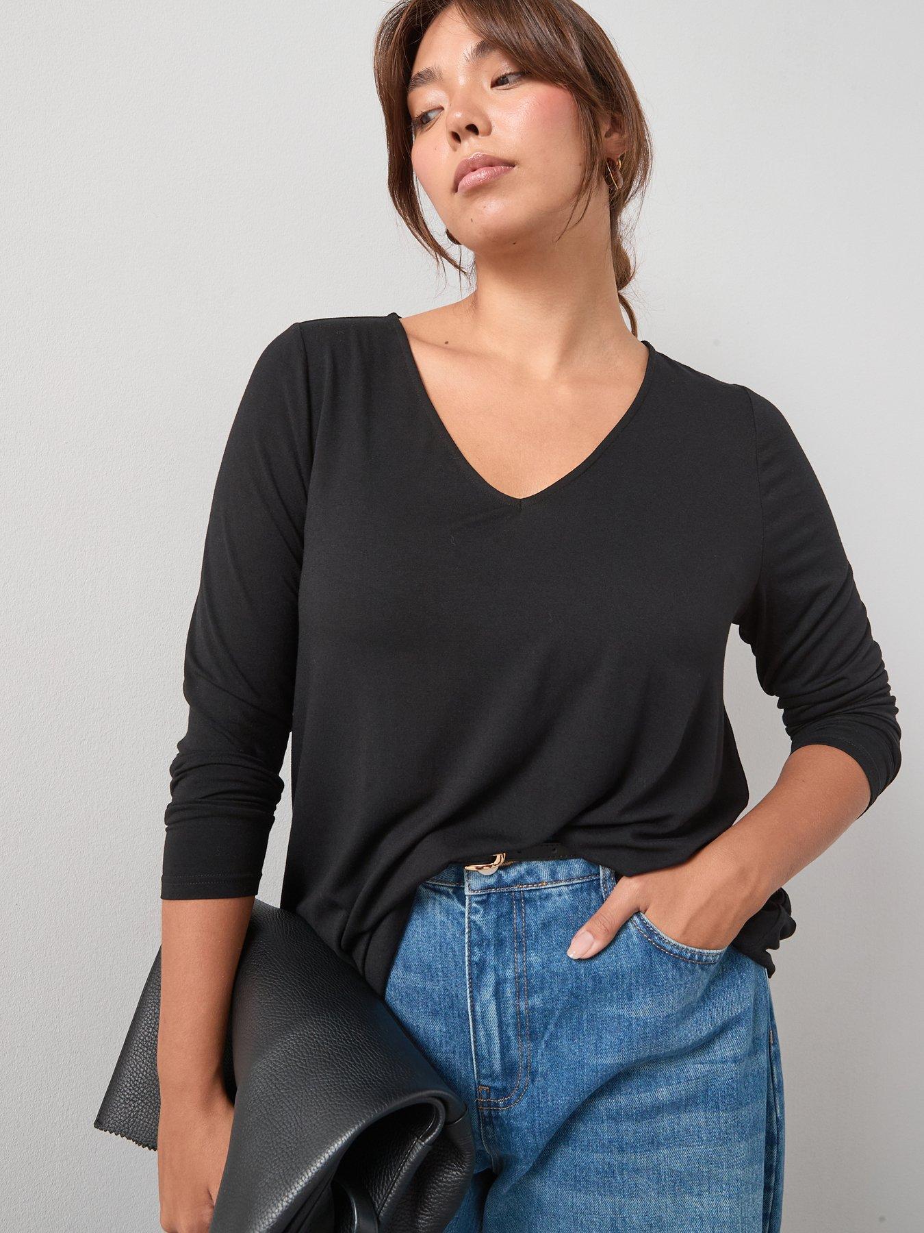 undefined V Neck Longline Top - Black