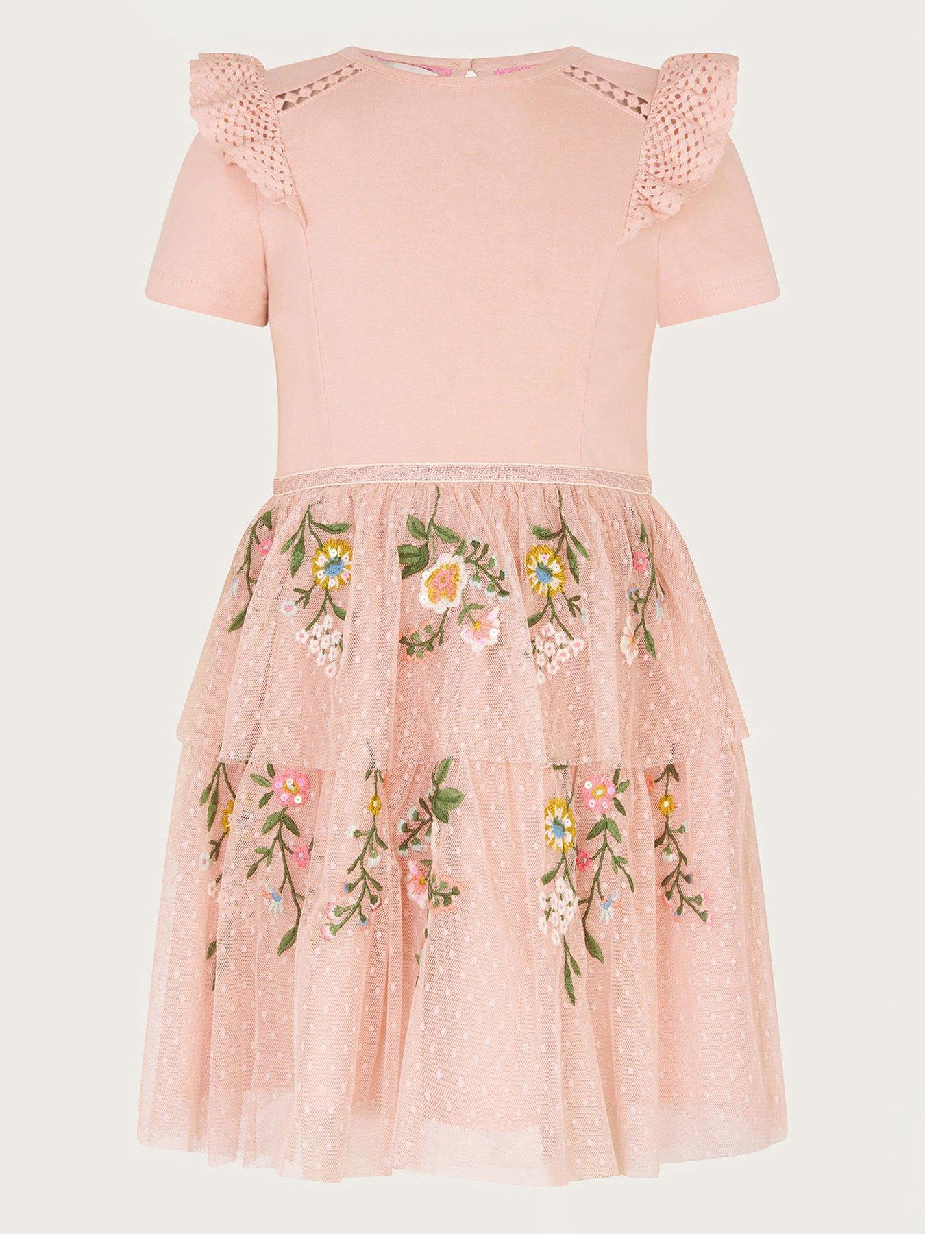 undefined Girls Short Sleeve Floral Embroidered Tulle Dress - Pink
