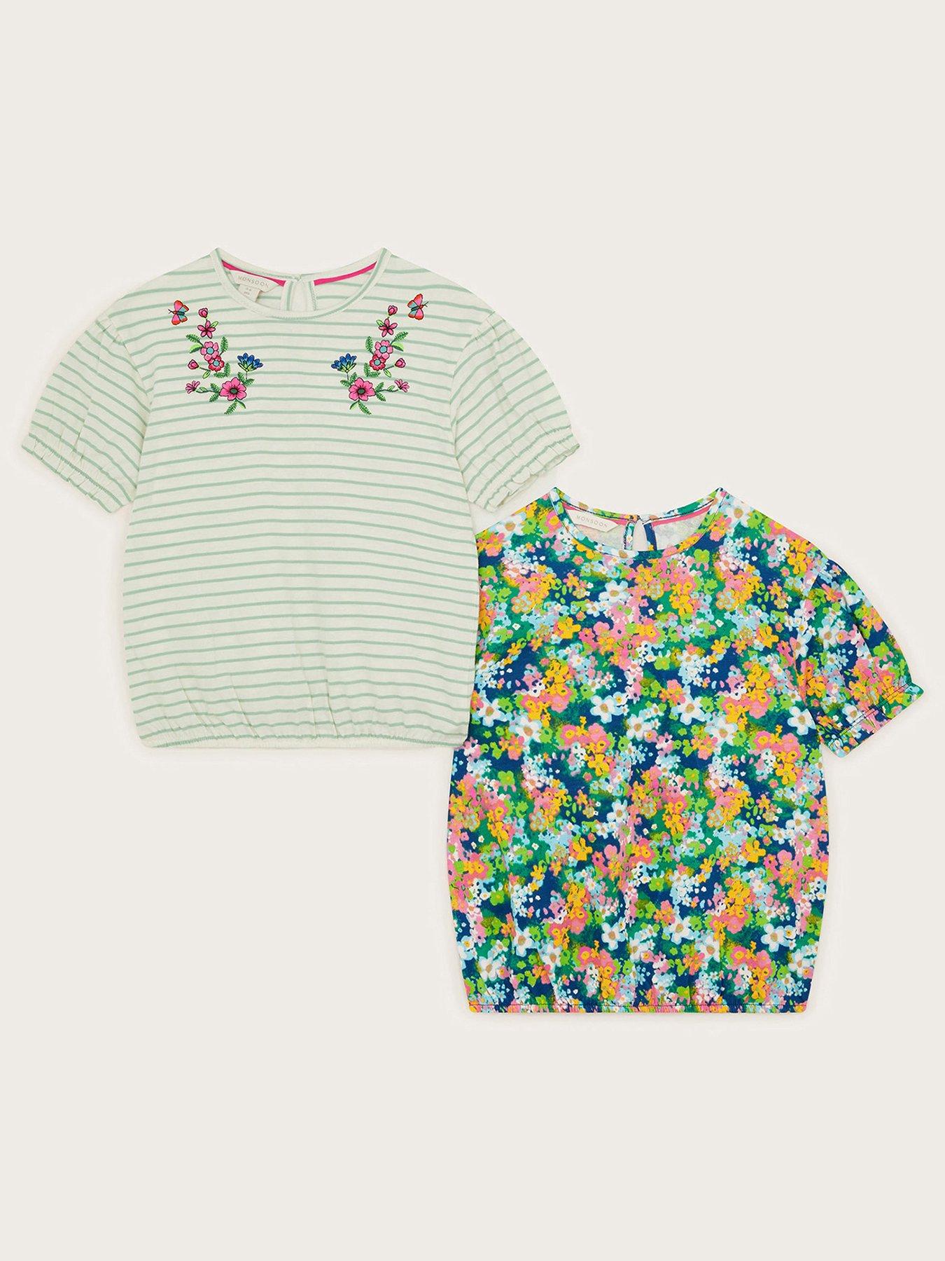  image of monsoon-girls-2-pack-stripe-floral-t-shirts-navy