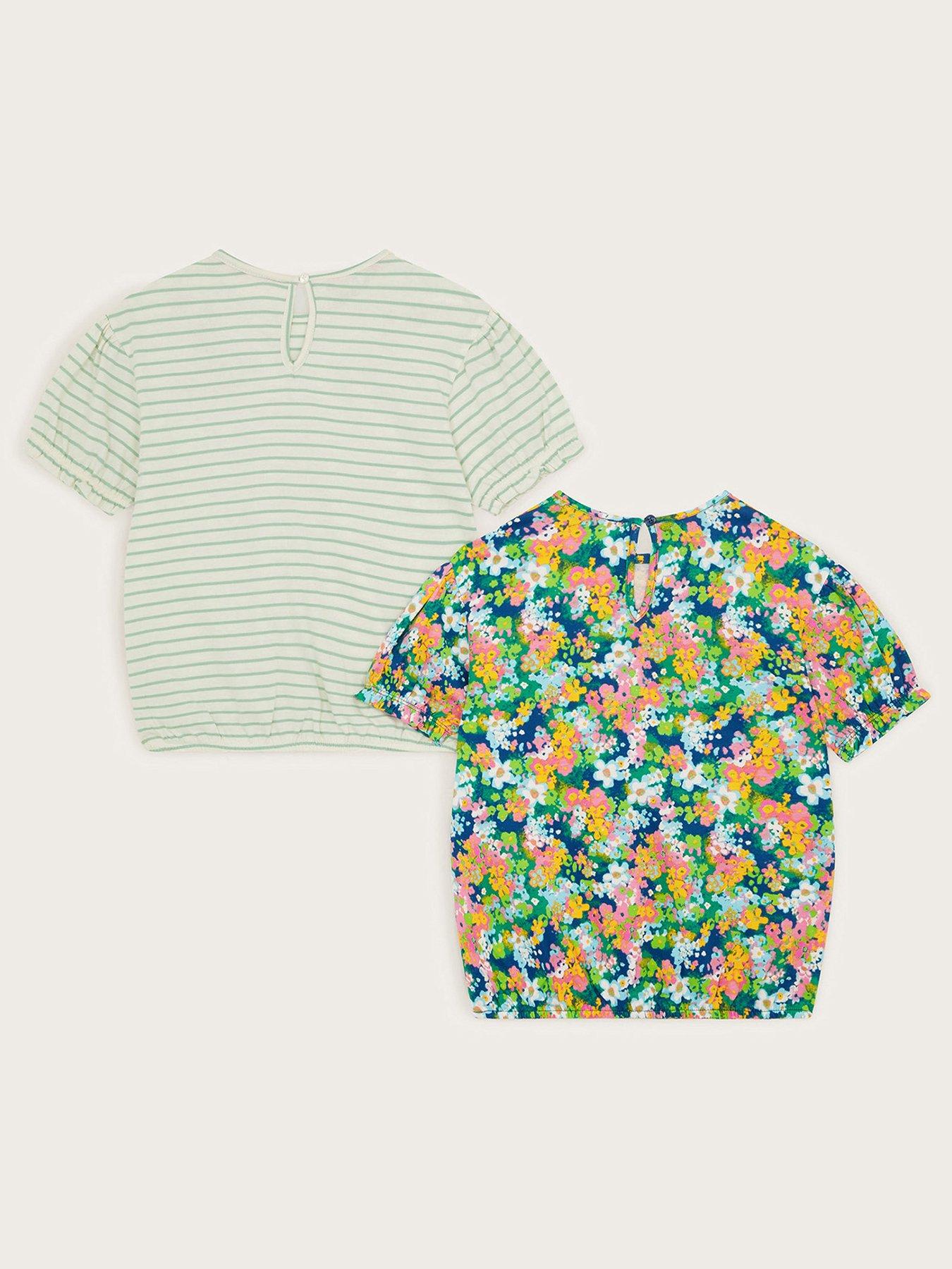  image of monsoon-girls-2-pack-stripe-floral-t-shirts-navy