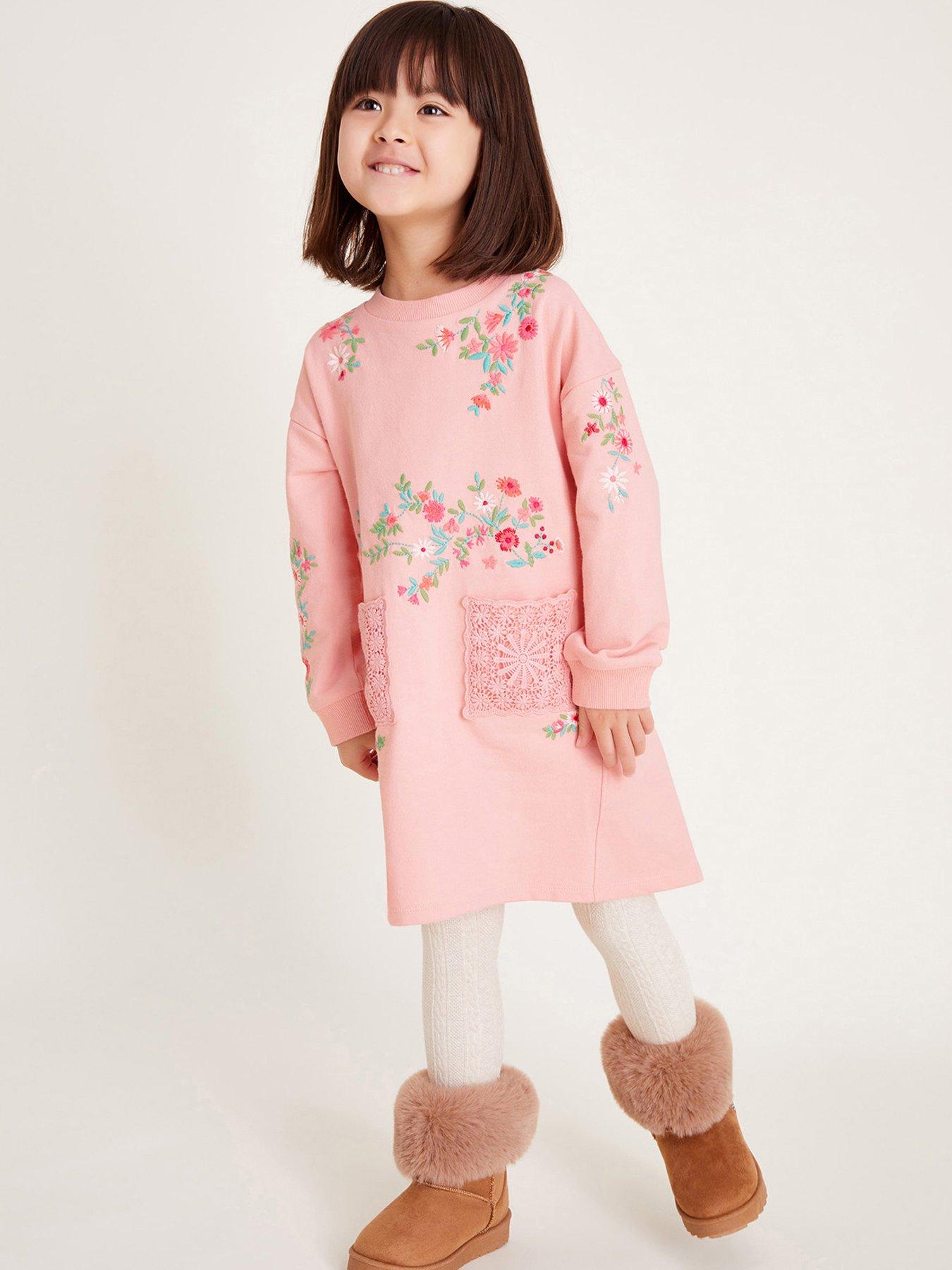 undefined Girls Floral Embroidered Sweatshirt Dress - Pink