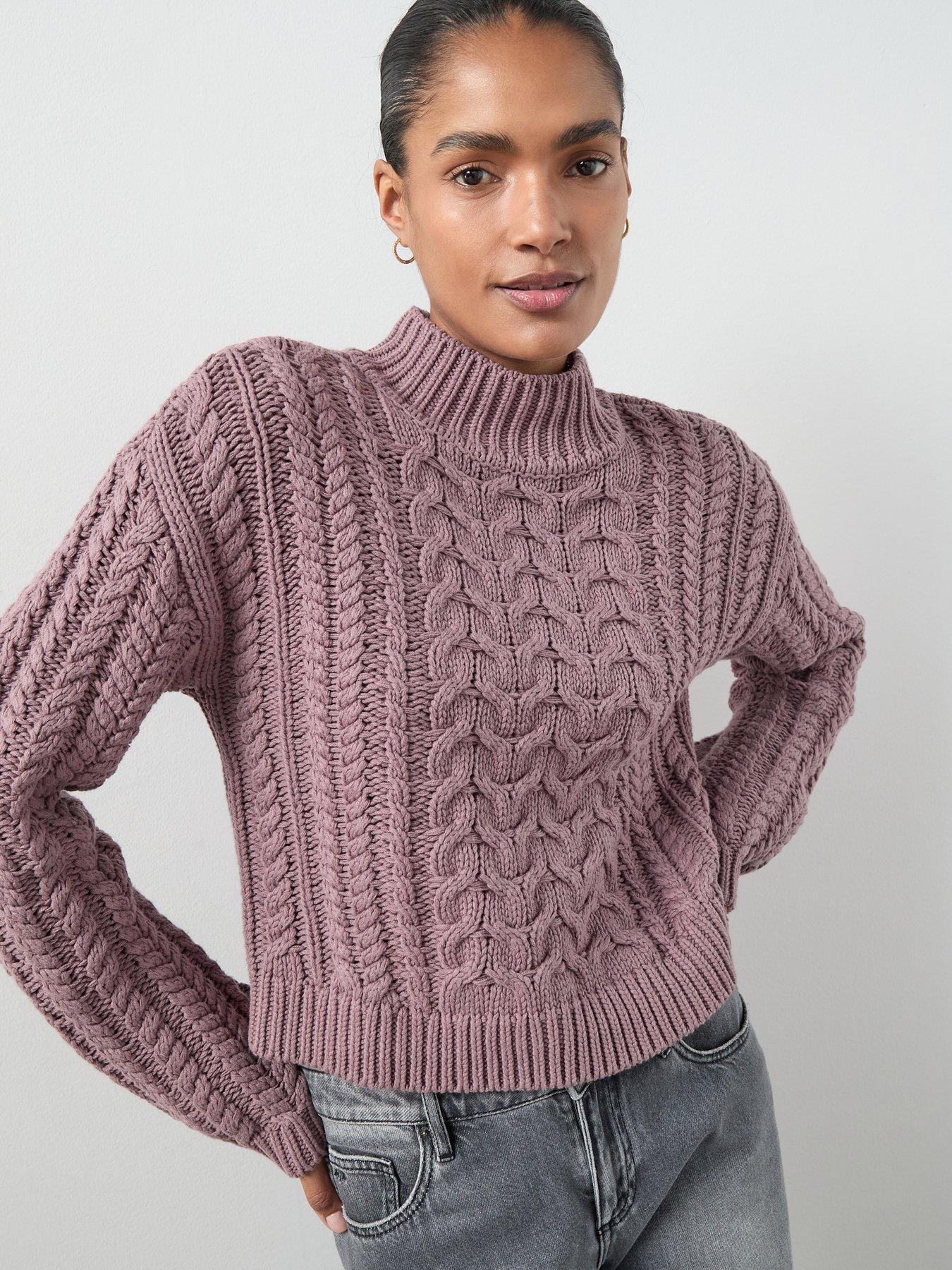  image of the-very-collection-cotton-rich-funnel-neck-cable-cropped-jumper-mauve
