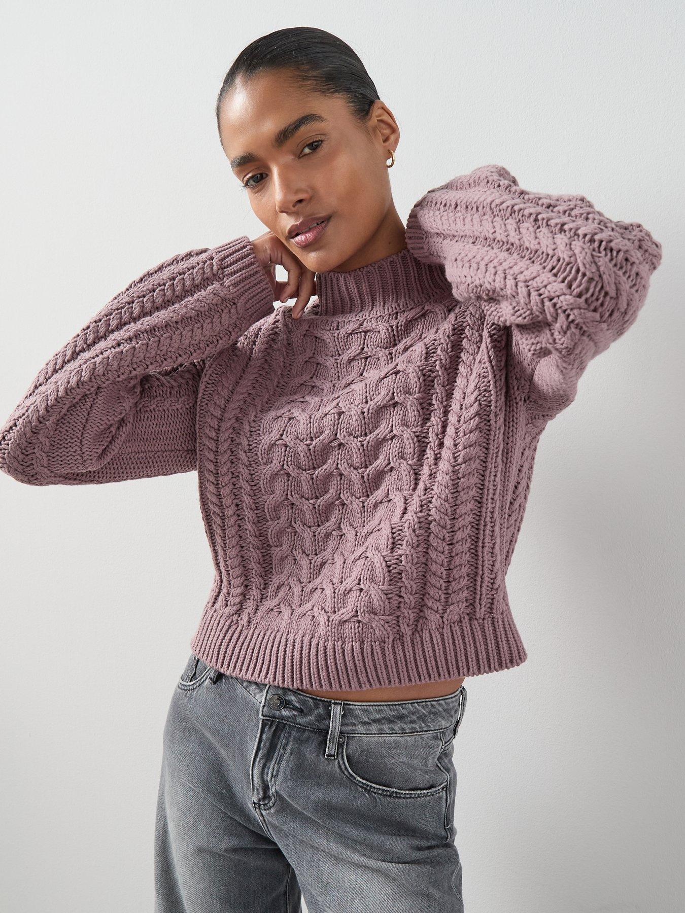  image of the-very-collection-cotton-rich-funnel-neck-cable-cropped-jumper-mauve