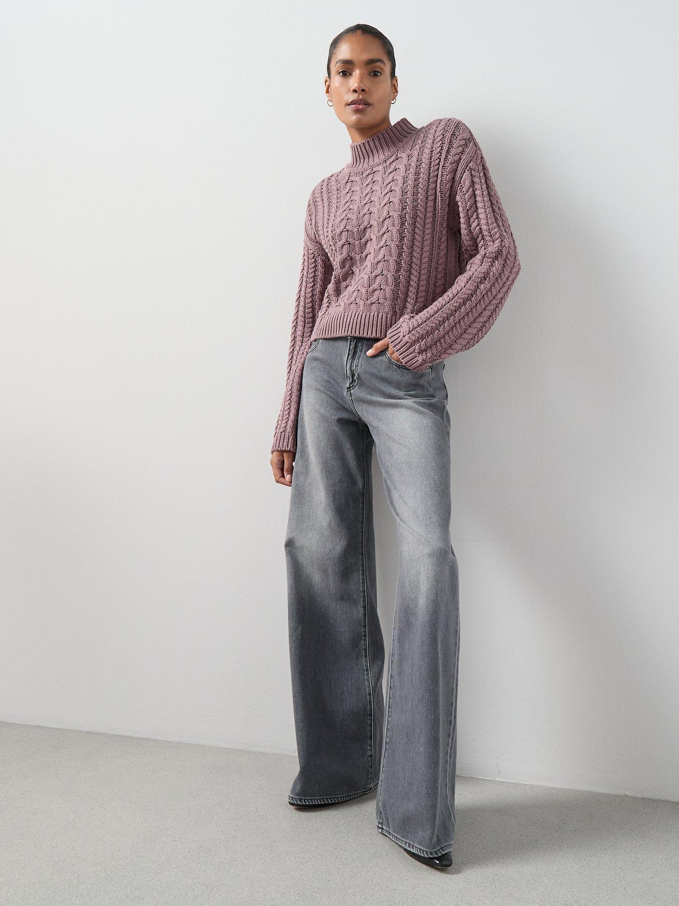  image of the-very-collection-cotton-rich-funnel-neck-cable-cropped-jumper-mauve