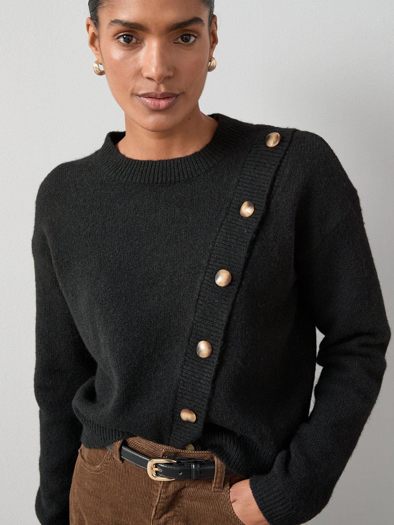 Image 1 of 6 of V by Very Crew Neck Button Detail Knitted Jumper - Black