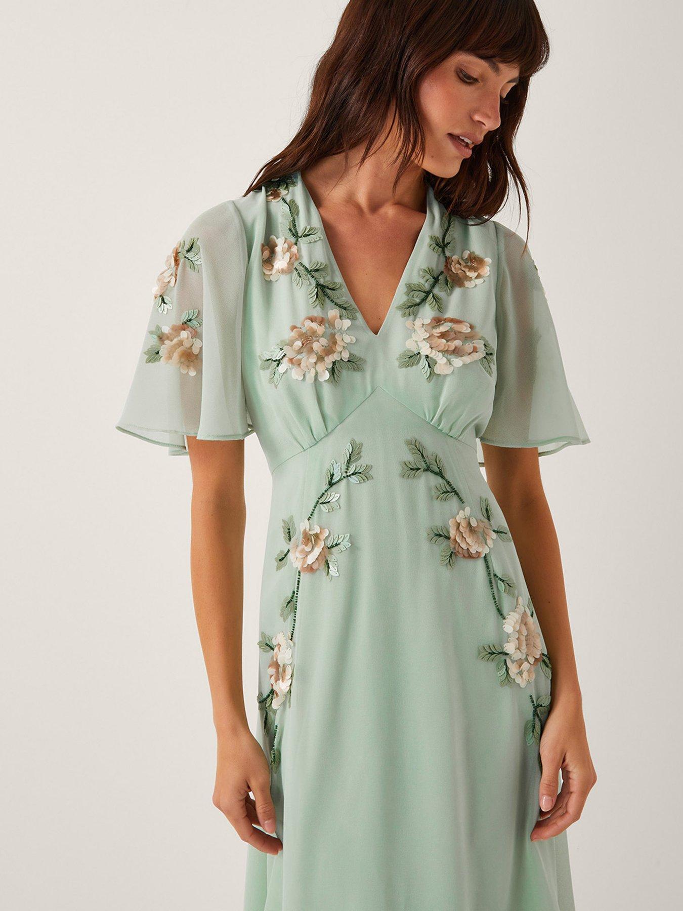 monsoon green embellished dress Kylie Embroidered Midi Tea Dress Green | Occasion Dresses